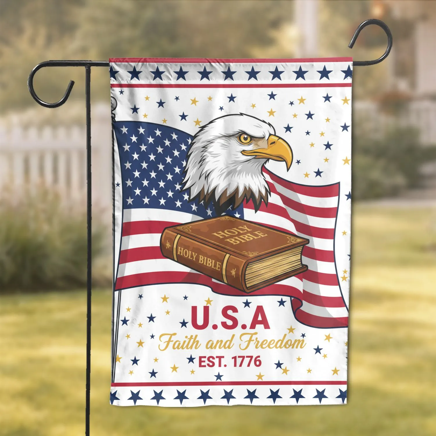 Bald Eagle American Flag Holy Bible Faith Freedom 1776-2026 USA 250th Anniversary Patriotic Garden Flag - 1