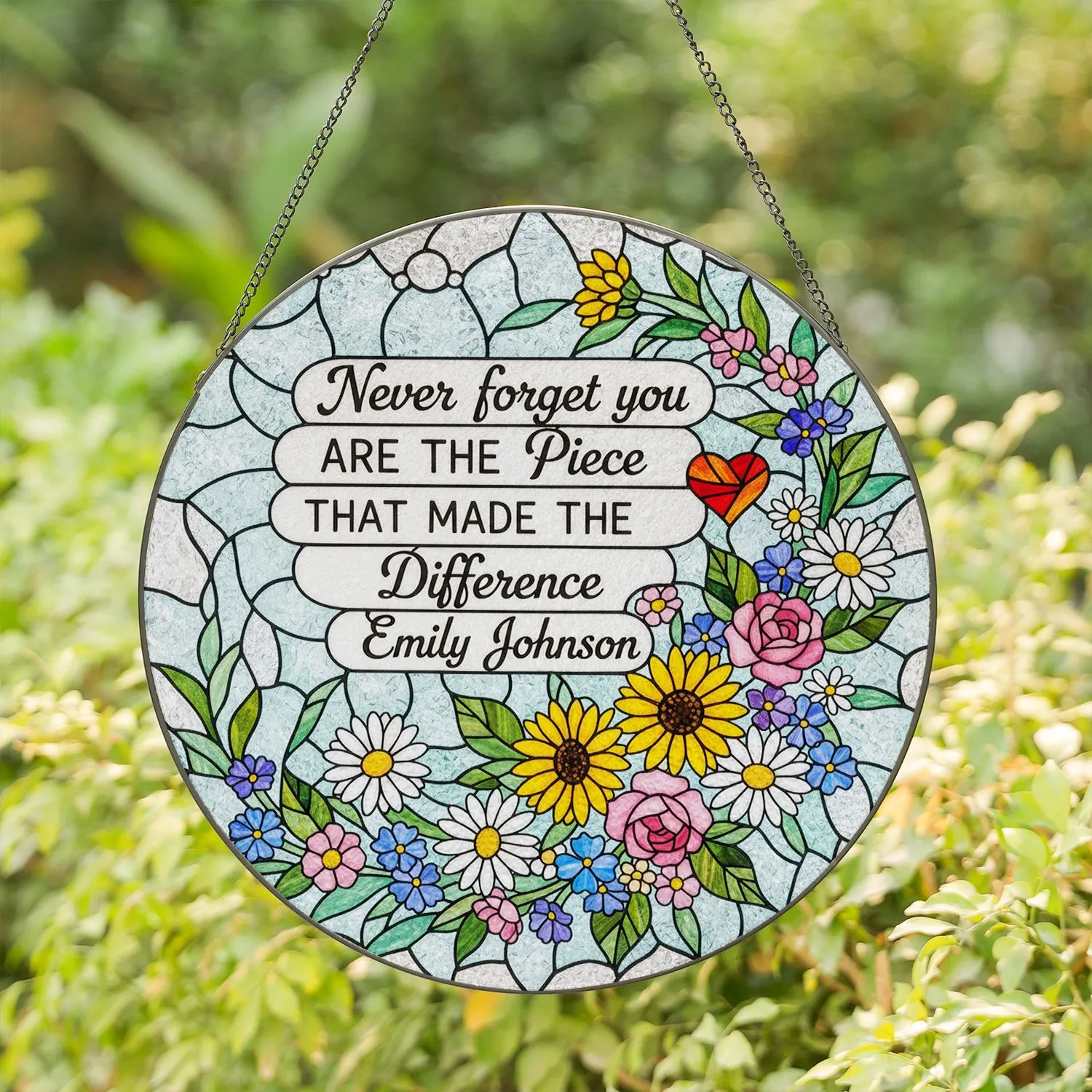 Stained Glass Heart Flowers Tiffany Style Art - You Made The Difference Appreciation Gift Stained Glass Suncatcher - 1