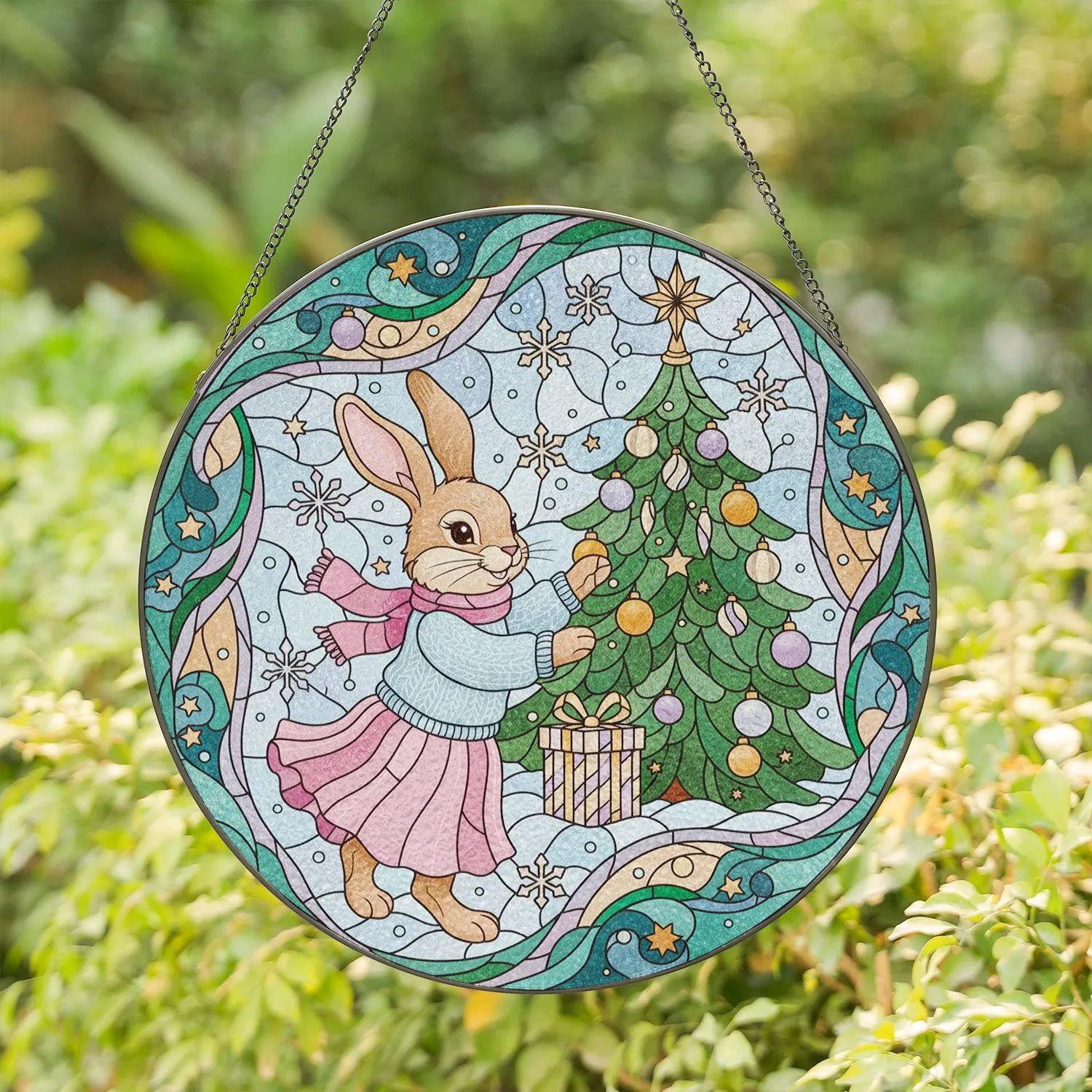 Tiffany Style Stained Glass Bunny Christmas Tree Gift - Festive Snowflake Winter Holiday Scene Stained Glass Suncatcher - 1