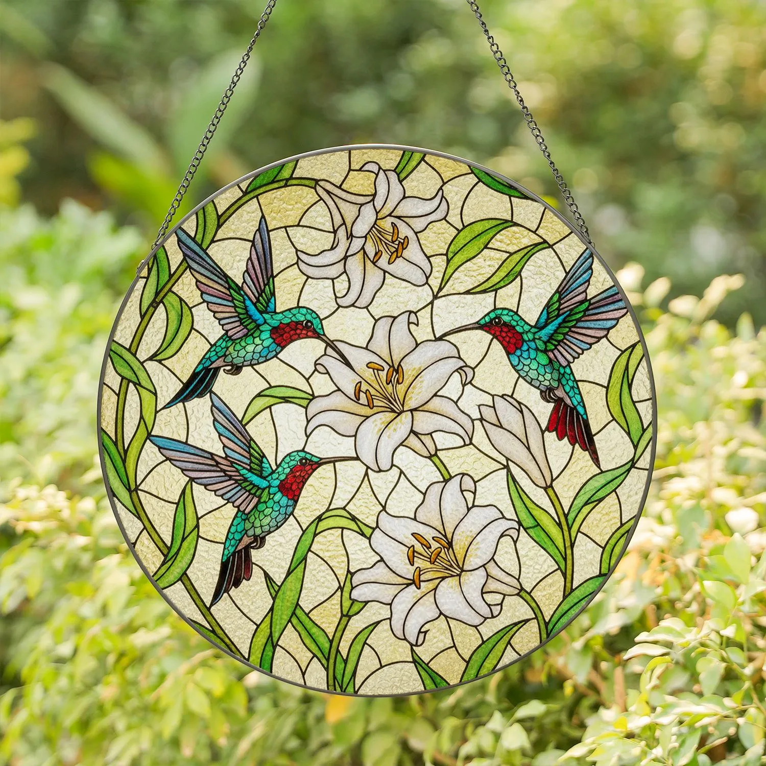 Hummingbird Easter Lily Tiffany Stained Glass Mosaic Art Translucent Jewel Tones Stained Glass Suncatcher - 1