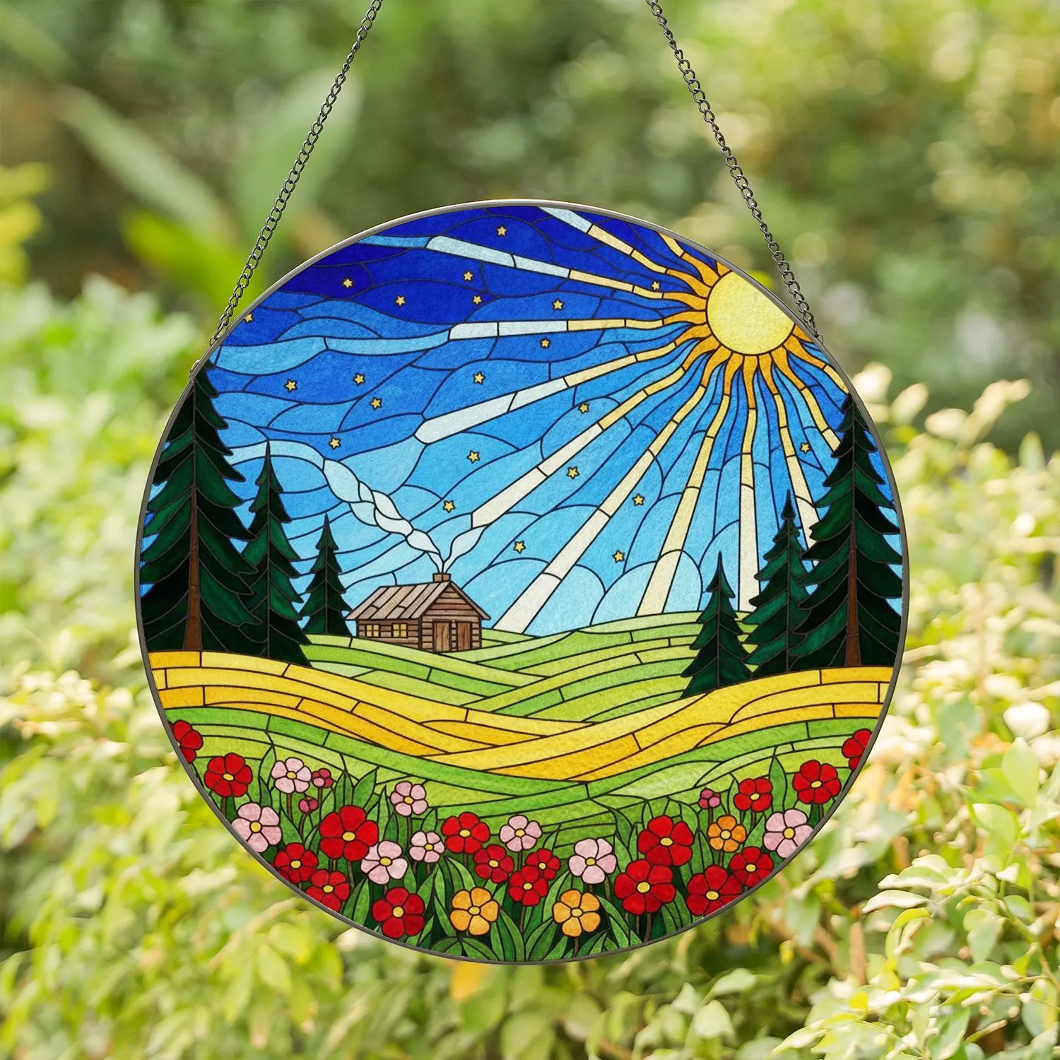 Stained Glass Rustic Cabin Sunburst Wildflowers Pine Trees Rolling Hills Sparkling Stars Stained Glass Suncatcher - 1