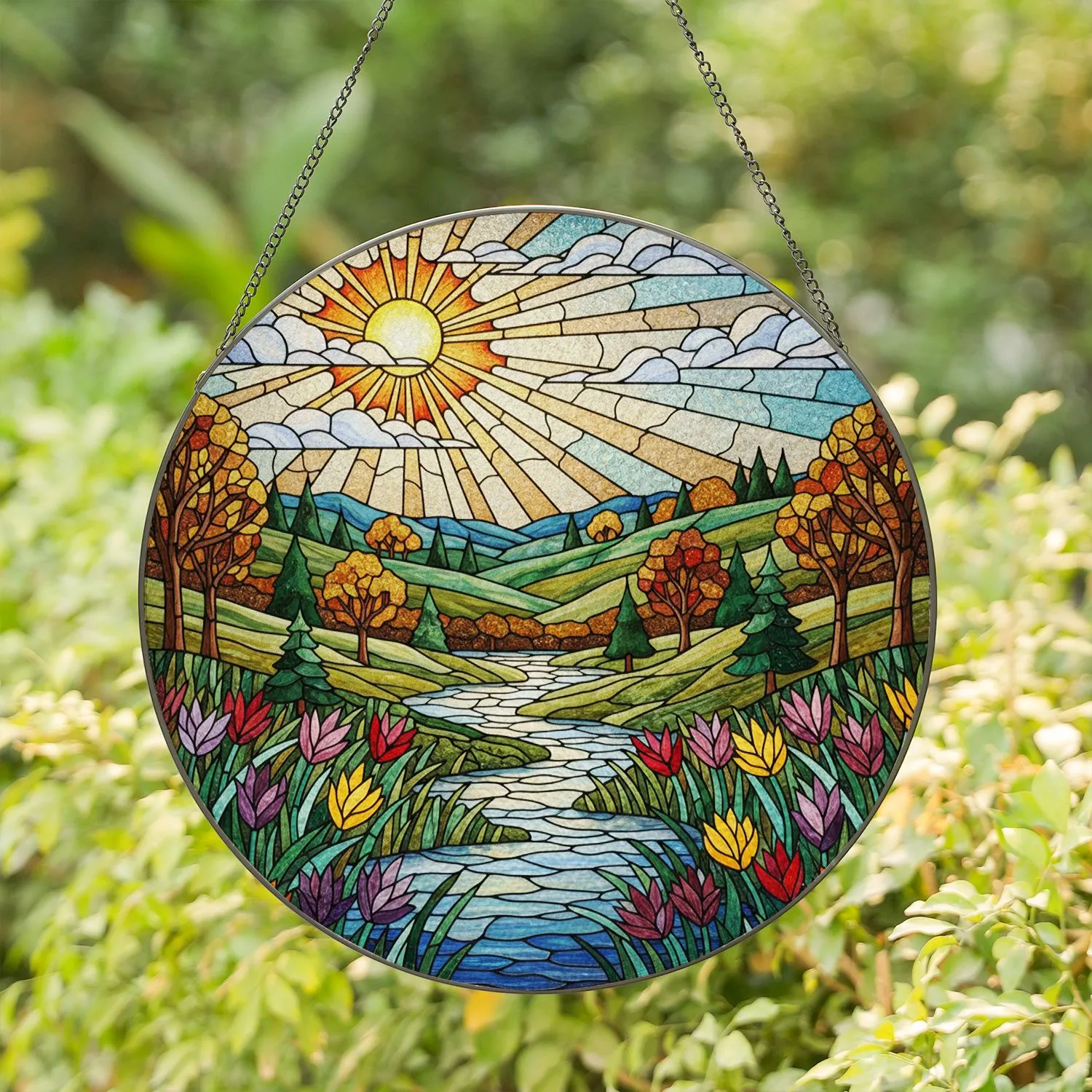 Tiffany Style River Landscape Suncatcher with Vibrant Jewel Tone Flowers and Hills Art Stained Glass Suncatcher - 1