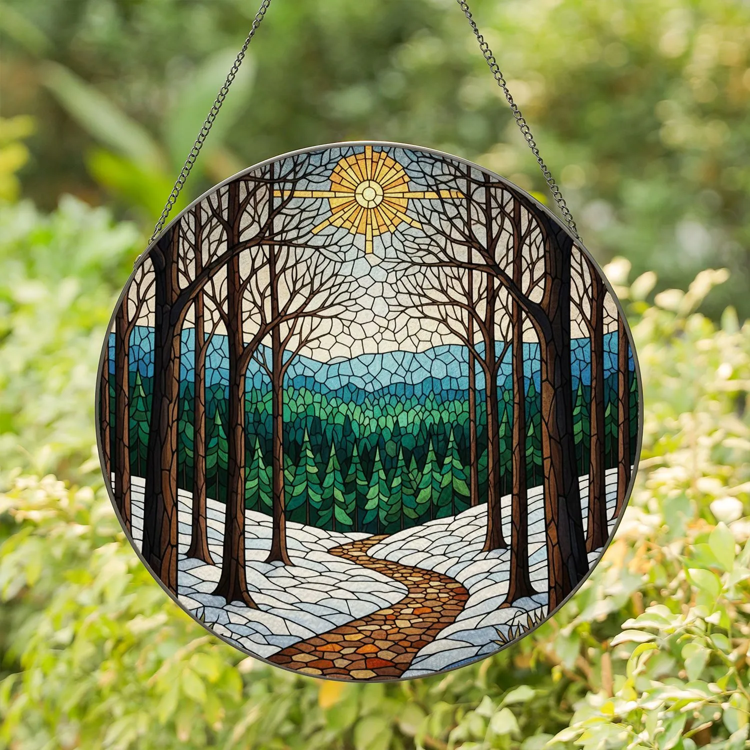 Winter Forest Path Snowy Landscape Tiffany Style Stained Glass Radiant Sun Jewel Tones Stained Glass Suncatcher - 1