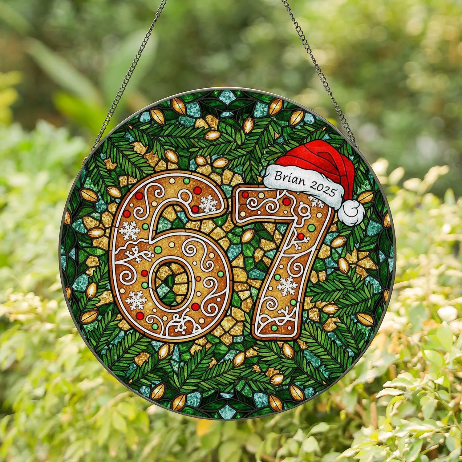 Gingerbread 6 & 7 Numbers Stained Glass, Santa Hat, Pine Fairy Lights - Brian 2025 Gift Stained Glass Suncatcher - 1