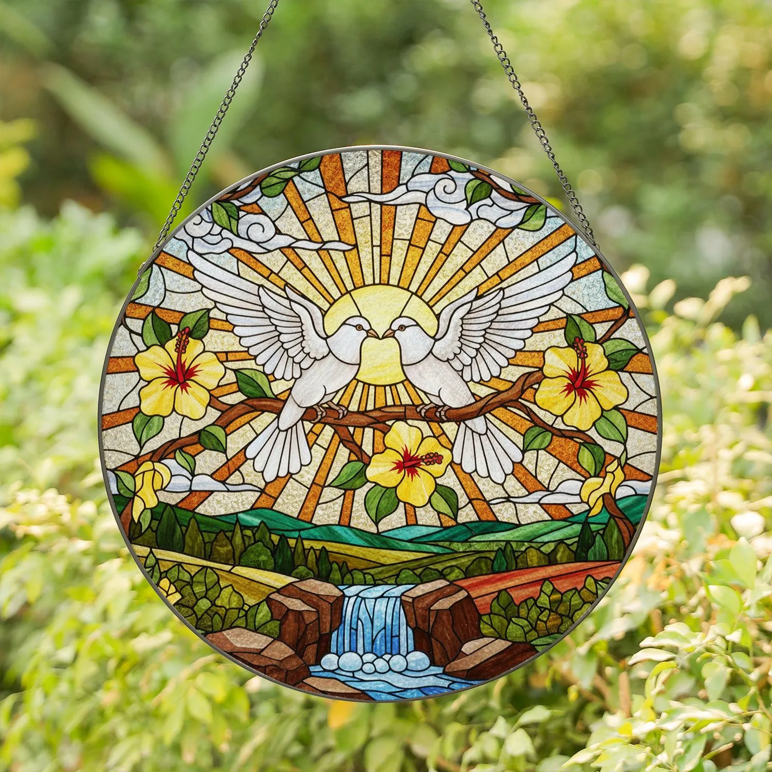 White Doves Hibiscus Waterfall Radiant Sun Stained Glass Tiffany Style Mosaic Art Stained Glass Suncatcher - 1