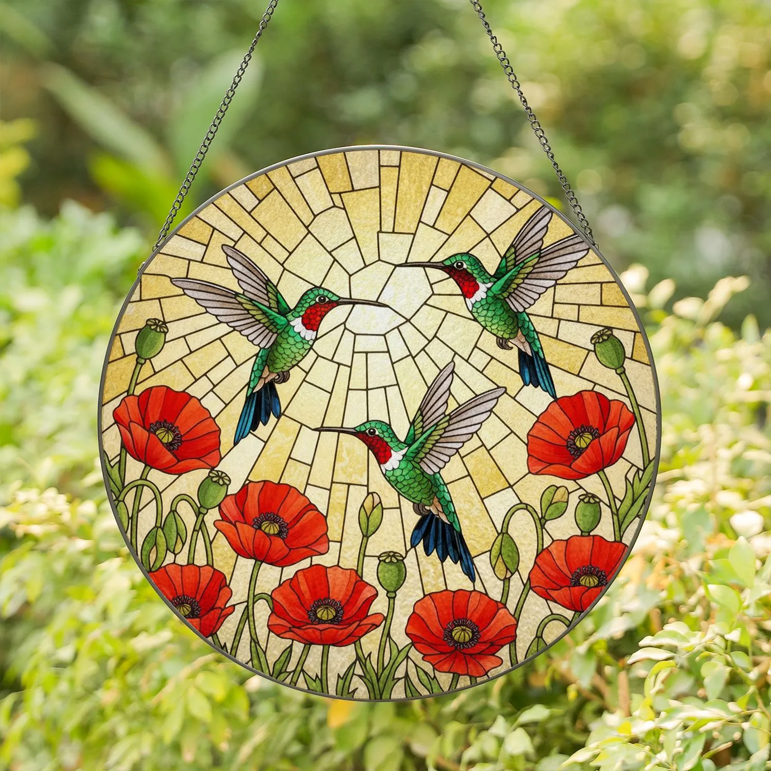 Ruby Throat Hummingbirds Poppies - Emerald Green Tiffany Style Stained Glass Sun-Drenched Mosaic Stained Glass Suncatcher - 1