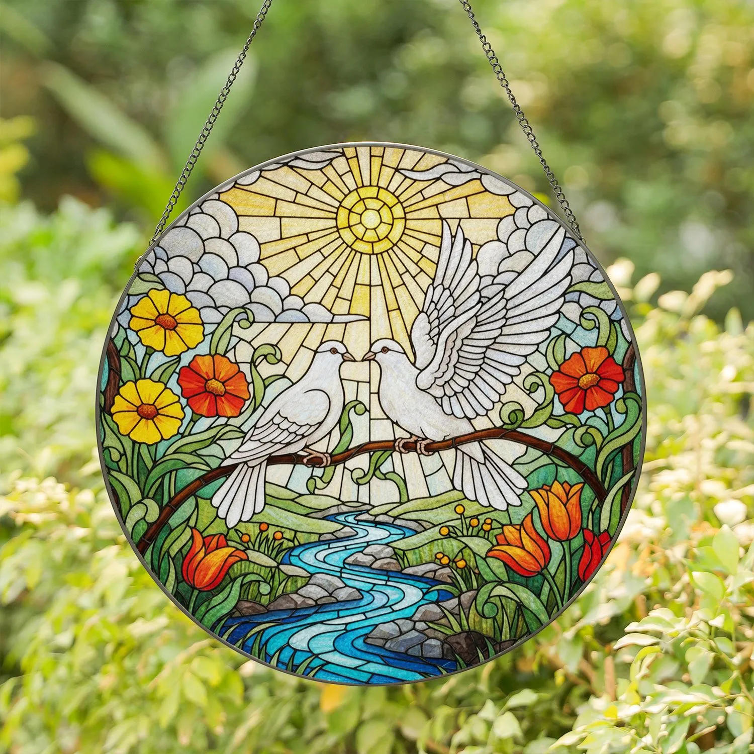 White Doves River Flowers Sunny Sky Mosaic - Tiffany Glass Jewel Tone Window Decor Stained Glass Suncatcher - 1