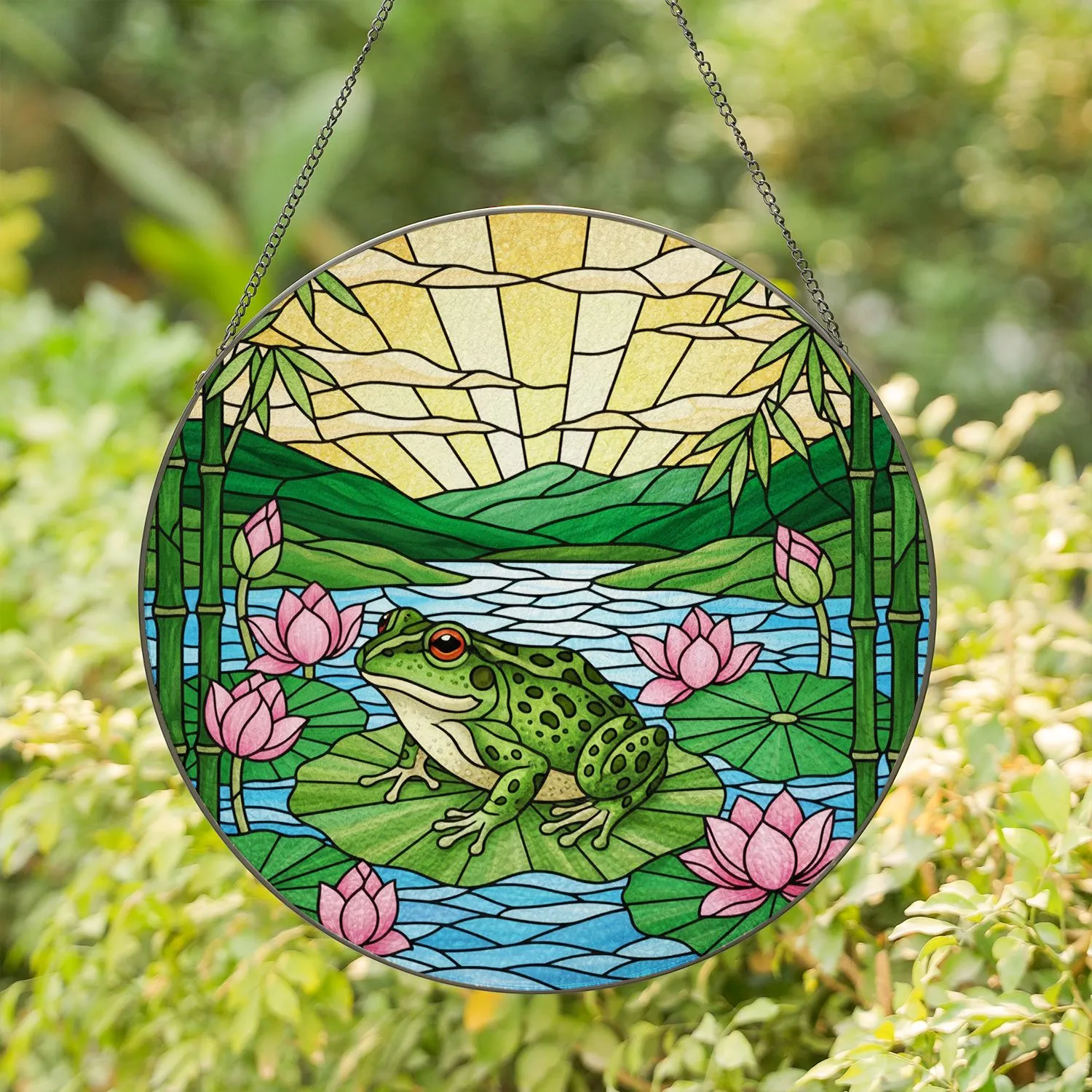 Green Spotted Frog Lily Pad Lotus Bamboo Stained Glass Art Panel Colorful Window Display Stained Glass Suncatcher - 1