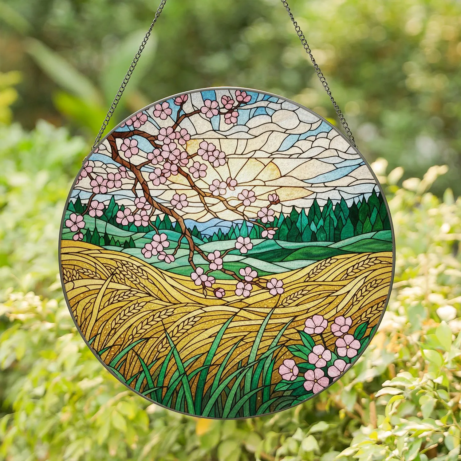 Cherry Blossom Golden Wheat Hills Teal Mountain Tiffany Style Jewel Tone Glass Art Stained Glass Suncatcher - 1