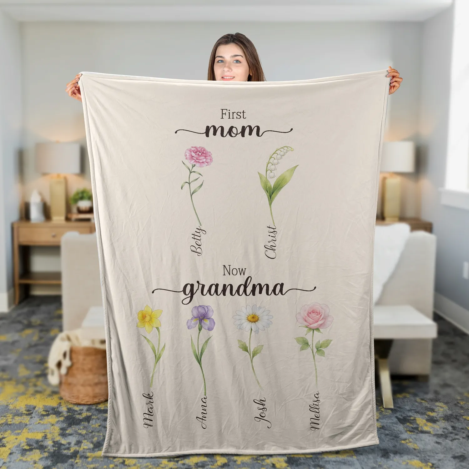 Personalized Custom Flower Blanket, Mom Blanket with Kids Name, First Mom Now Grandma Sign, Birth Flower Blanket, Gift for Mom, Mother's Day Gift - 1