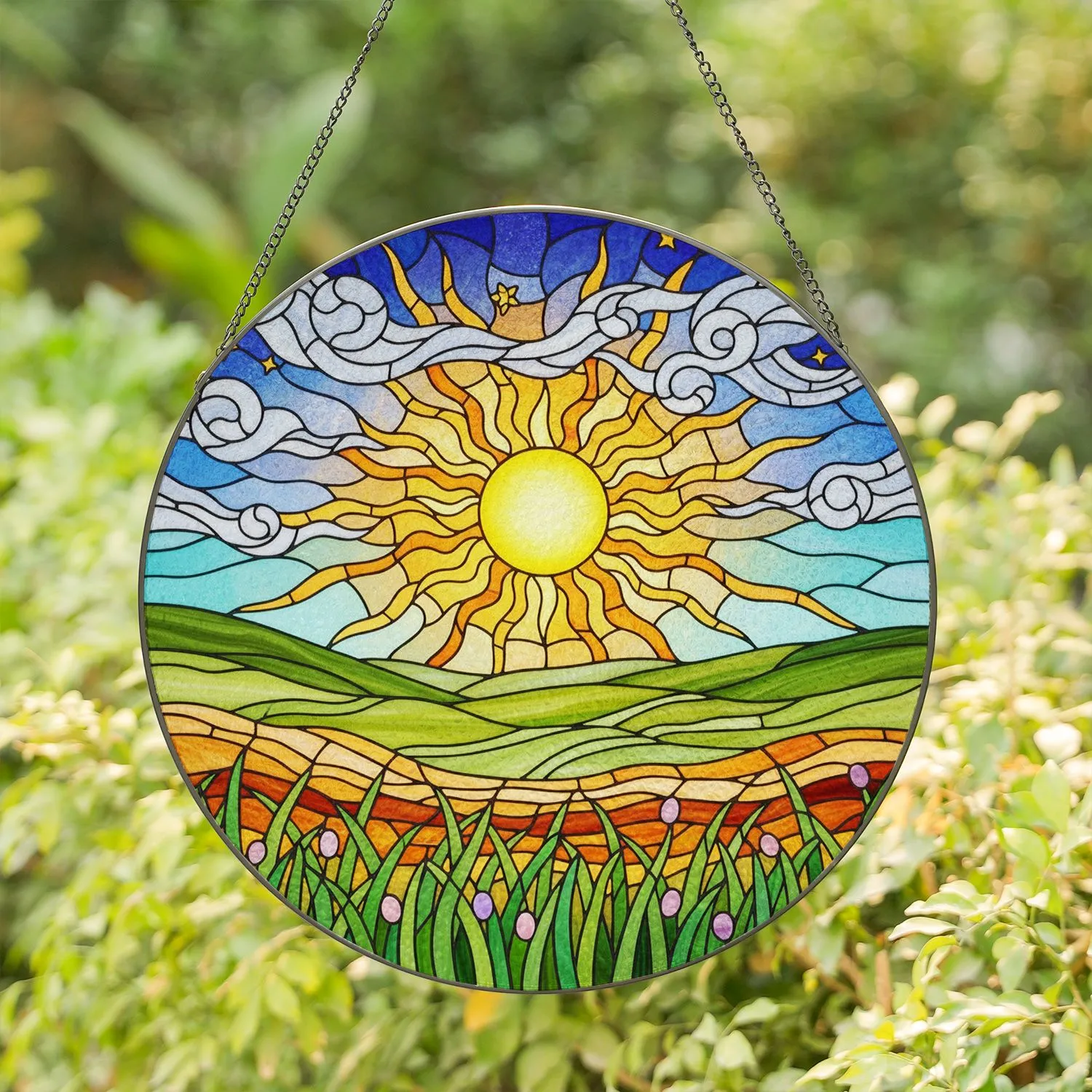 Radiant Yellow Sun Stained Glass Landscape Mosaic - Clouds Hills Earth Flowers Sky Art Stained Glass Suncatcher - 1
