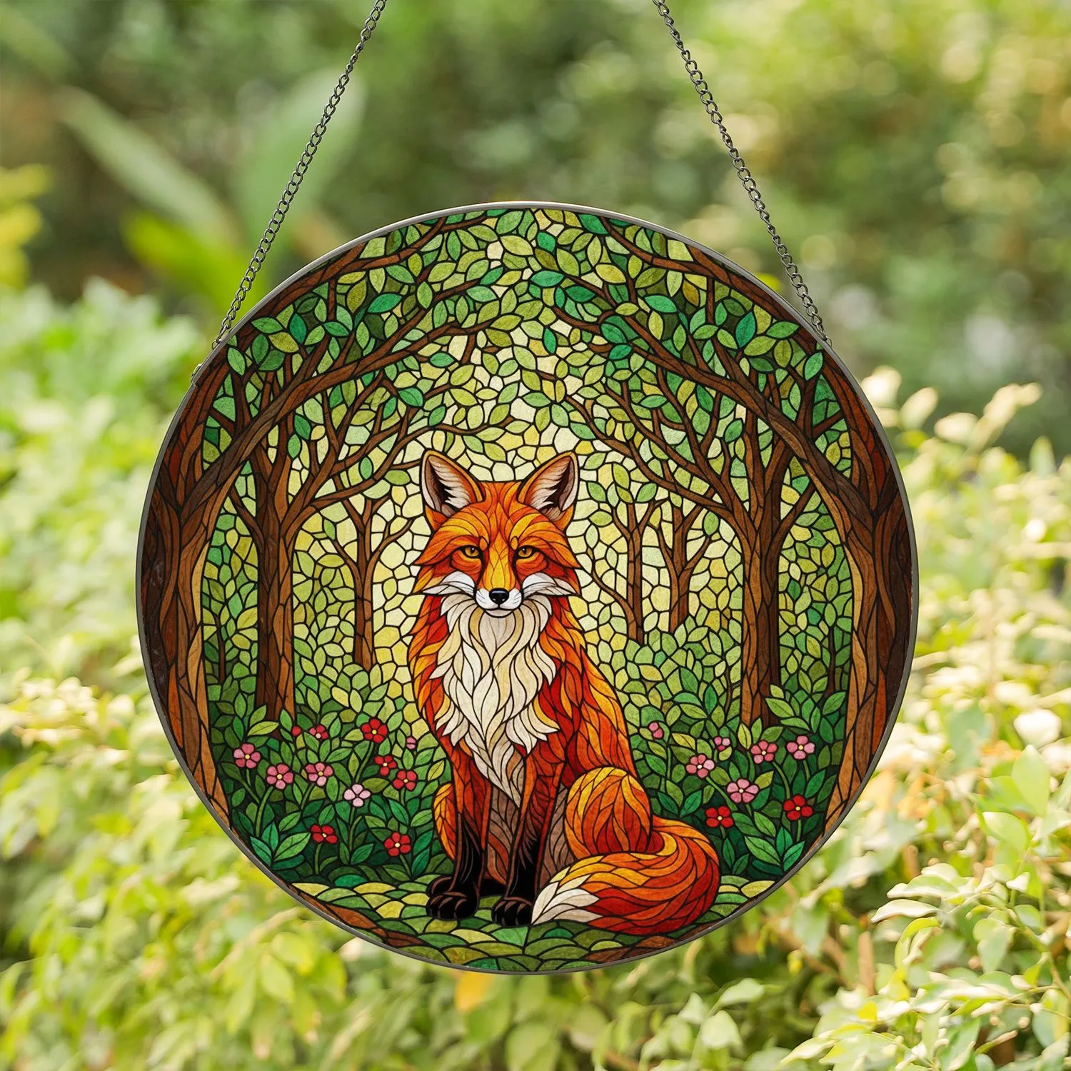 Majestic Red Fox Forest Stained Glass Art - Intricate Tiffany Style Wildlife Decor Stained Glass Suncatcher - 1