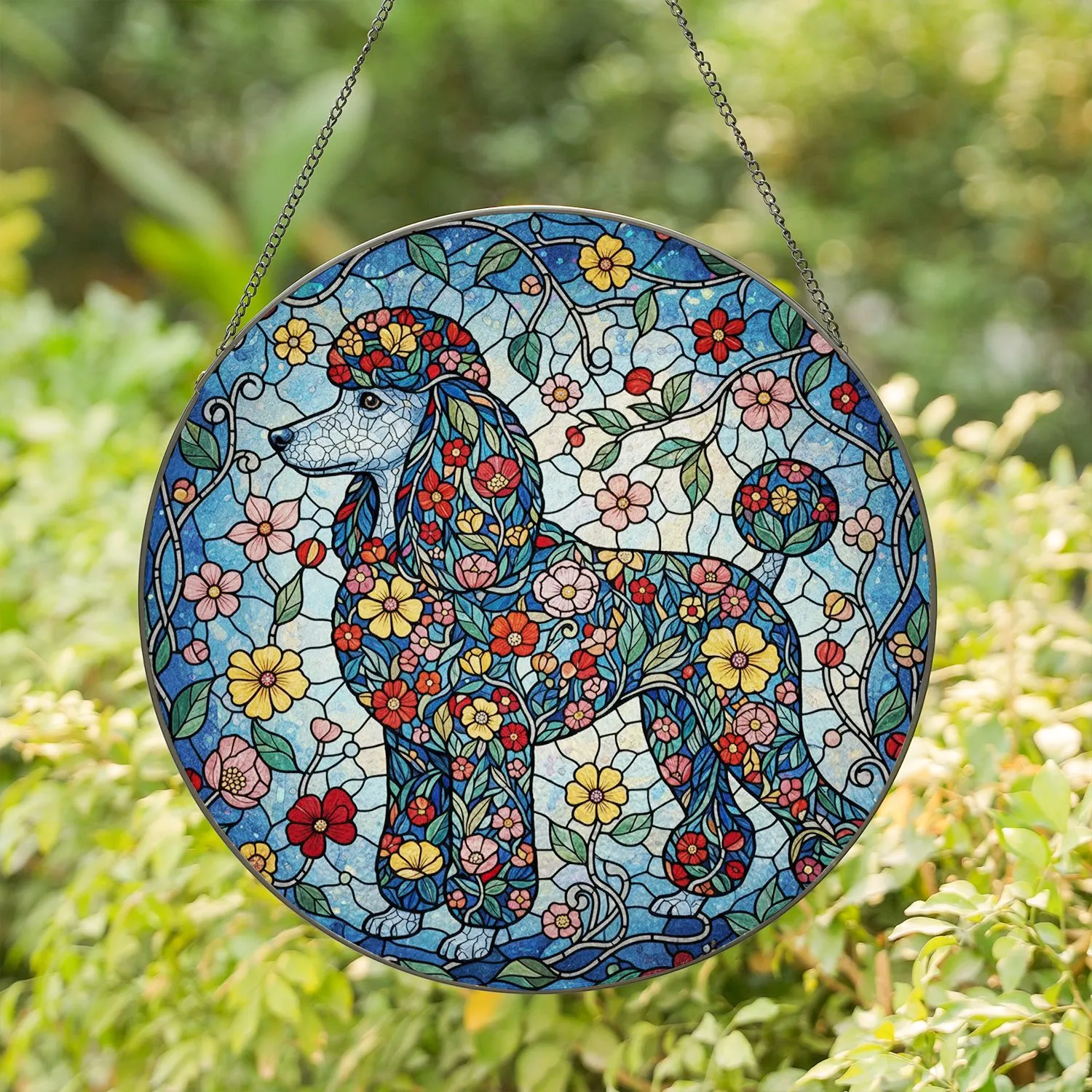 Tiffany Stained Glass Poodle Floral Mosaic Art with Swirling Vines & Organic Shapes Stained Glass Suncatcher - 1