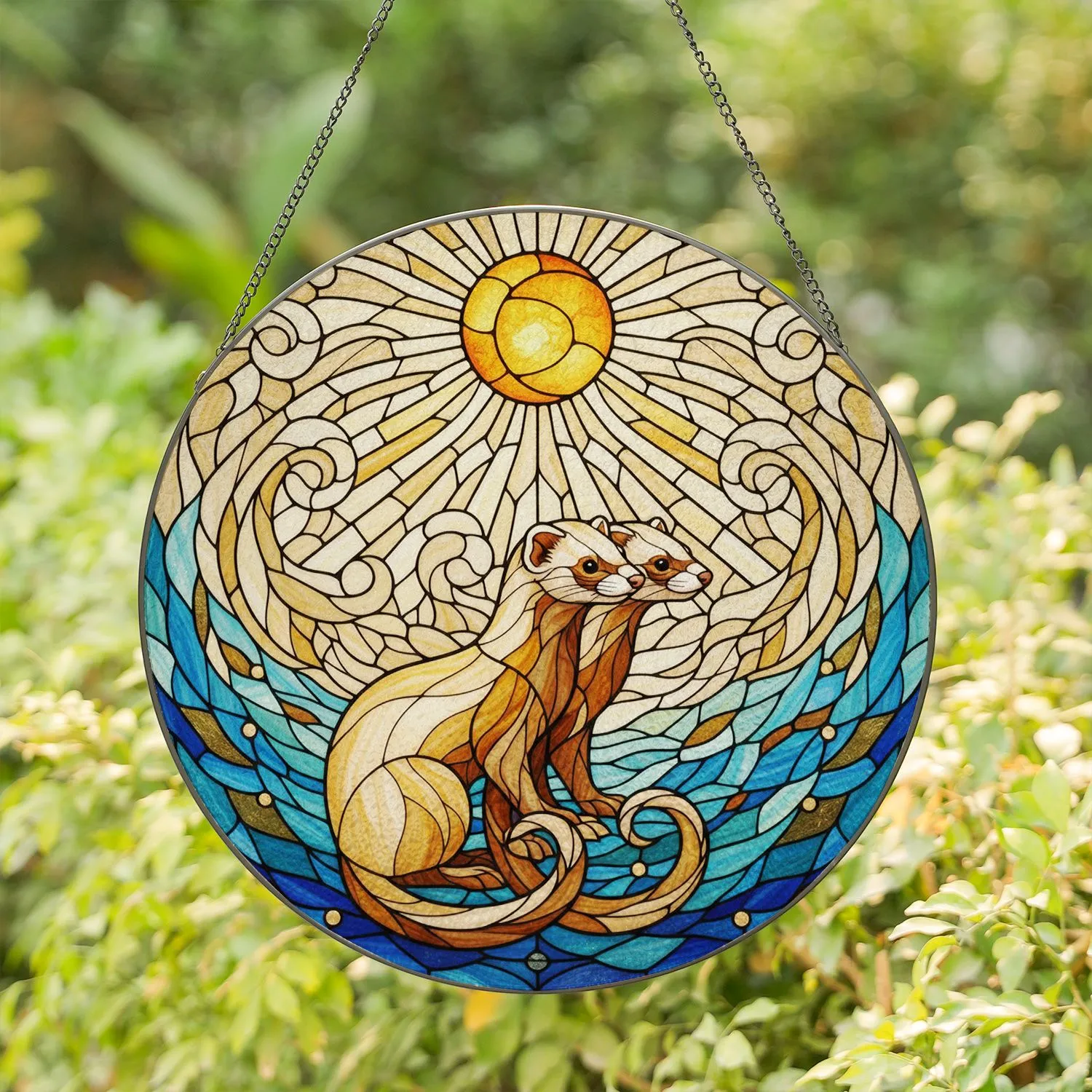 Two Ferrets Stained Glass Mosaic Intertwined Tails Tiffany Style Sun Moon Stained Glass Suncatcher - 1