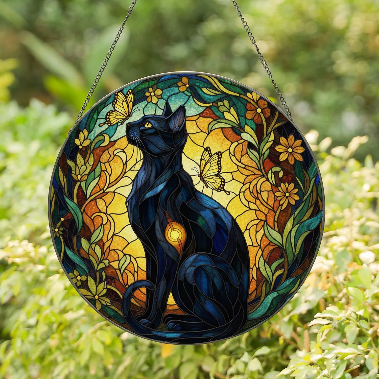 Black Cat Butterfly Stained Glass Art - Tiffany Style Mosaic Jewel Tones Cat Lover Gift Stained Glass Suncatcher - 1