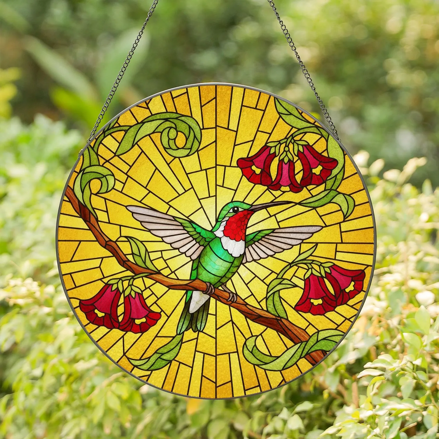 Ruby-Throated Hummingbird Stained Glass, Red Bell Flowers, Amber Sunburst Mosaic Art Stained Glass Suncatcher - 1