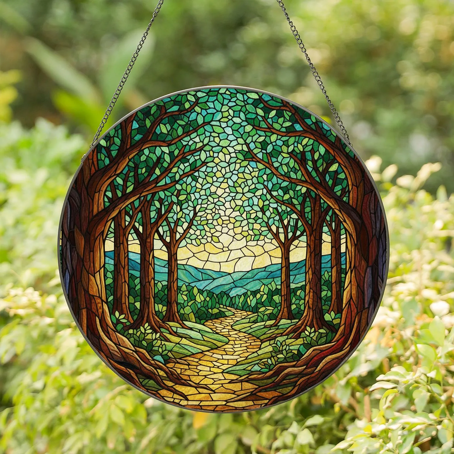 Sunlit Forest Path Stained Glass Woodland Trees Ethereal Vibrant Jewel Tones Art Stained Glass Suncatcher - 1