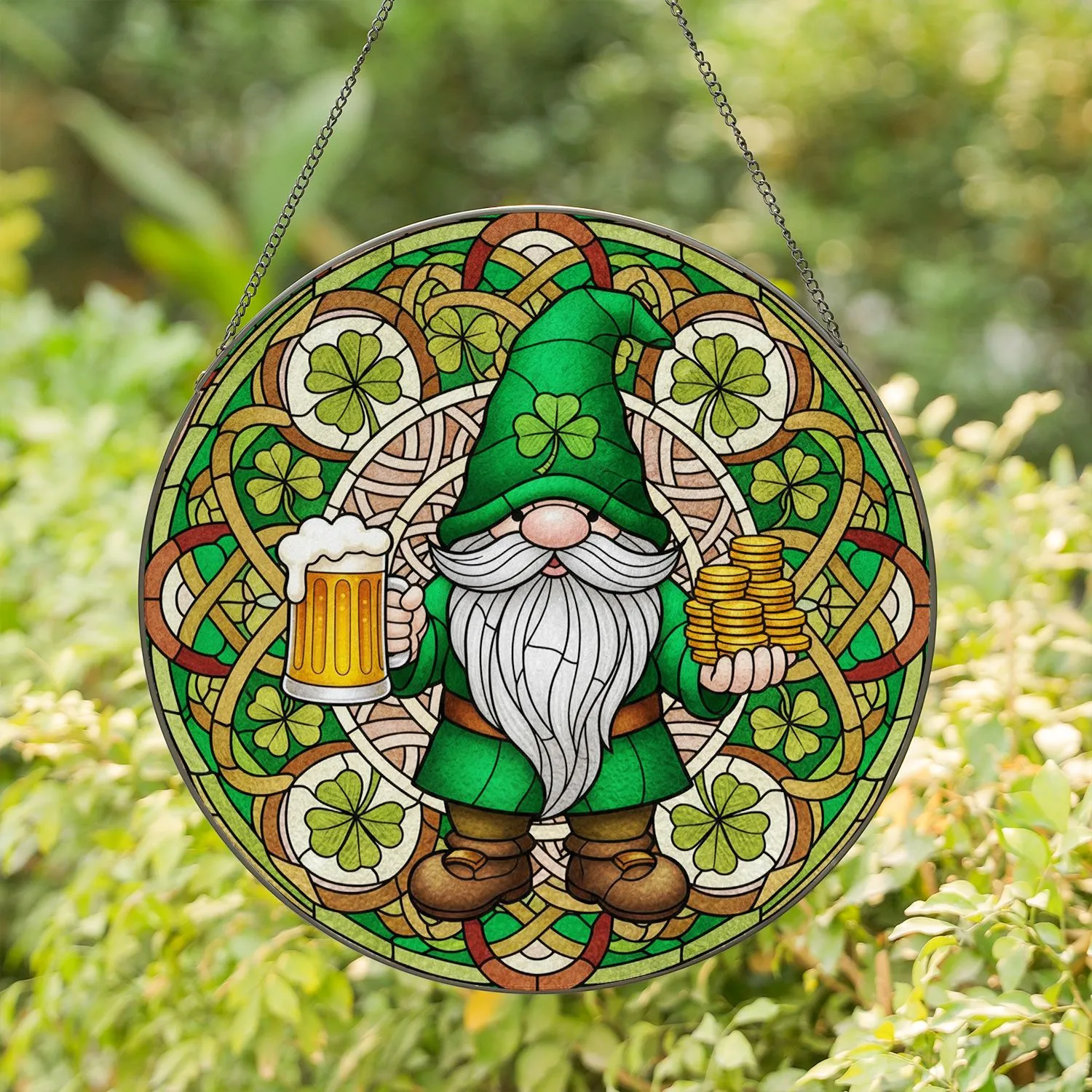 Irish Gnome Shamrock Beer St. Patrick's Day Gold Coins - Celtic Knotwork Stained Glass Art Stained Glass Suncatcher - 1