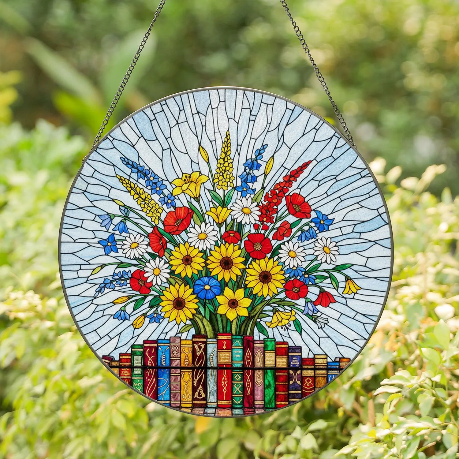 Wildflower Bouquet Stained Glass Bookshelf Art with Tiffany Jewel Tones & Radiant Sky Stained Glass Suncatcher - 1