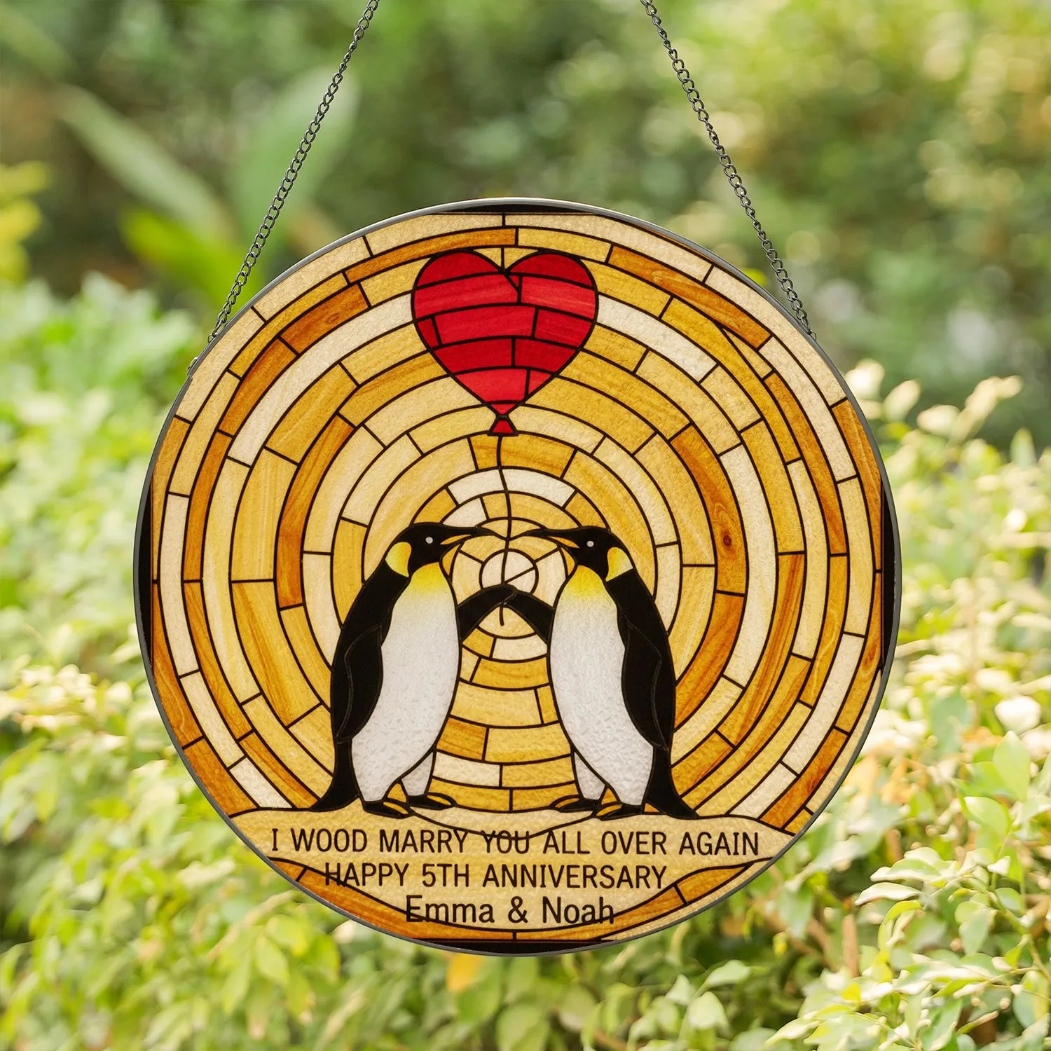 Emperor Penguin Red Heart Balloon Tree Ring Mosaic - 5th Anniversary Gift Emma & Noah Stained Glass Suncatcher - 1