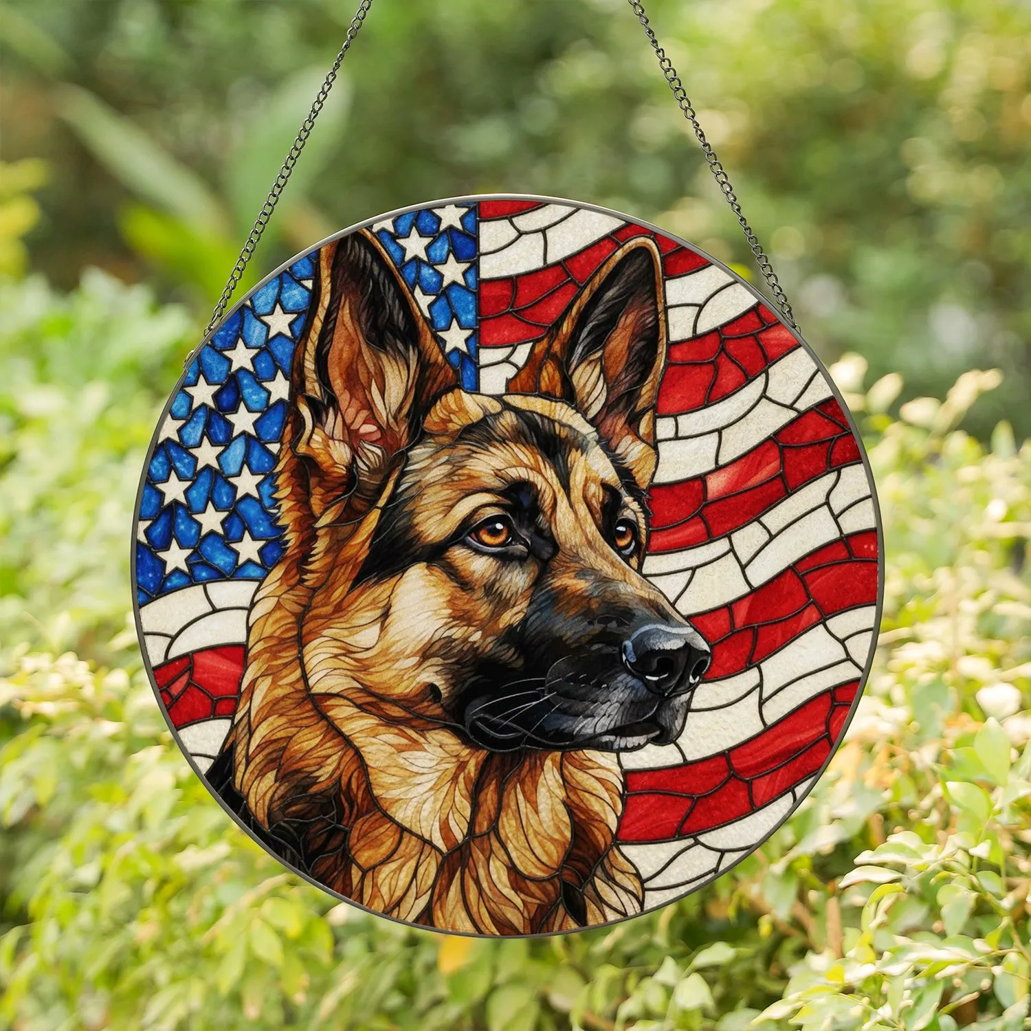 German Shepherd Dog American Flag Tiffany Style Stained Glass - Patriotic Dog Lover Gift Stained Glass Suncatcher - 1