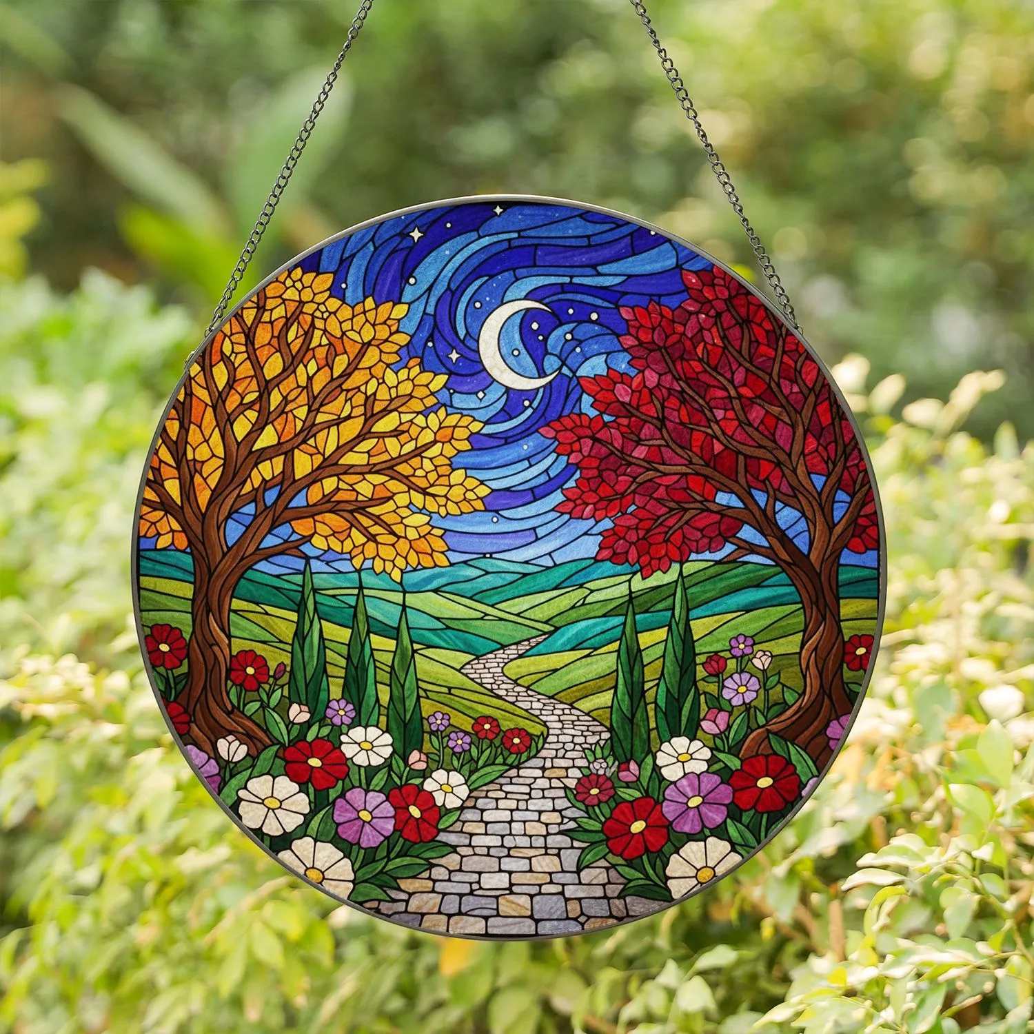 Night Landscape Stained Glass Art with Autumn Trees, Crescent Moon, Cobblestone Path & Flowers Stained Glass Suncatcher - 1