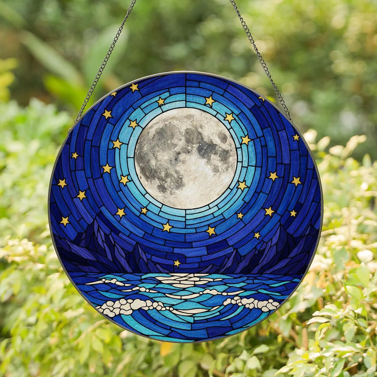 Stained Glass Full Moon Stars Ocean Waves Jagged Mountains Night Sky - Jewel Tone Art Stained Glass Suncatcher - 1