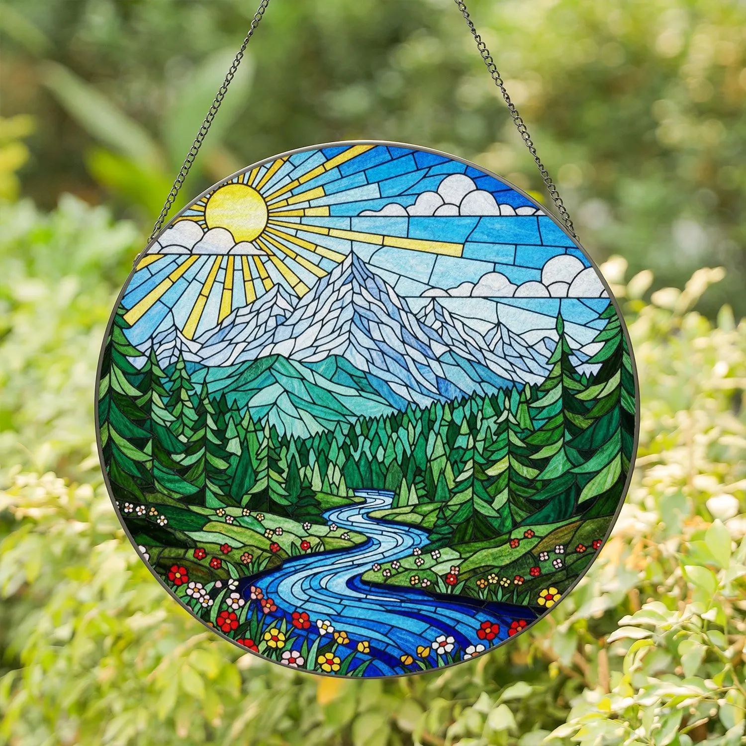 Snowy Mountain River Forest Wildflower Landscape with Sunny Sky - Jewel Tone Tiffany Art Stained Glass Suncatcher - 1