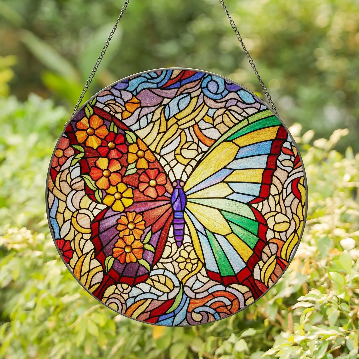 Vibrant Stained Glass Butterfly Tiffany Style Floral Mosaic Botanical Window Decor Stained Glass Suncatcher - 1