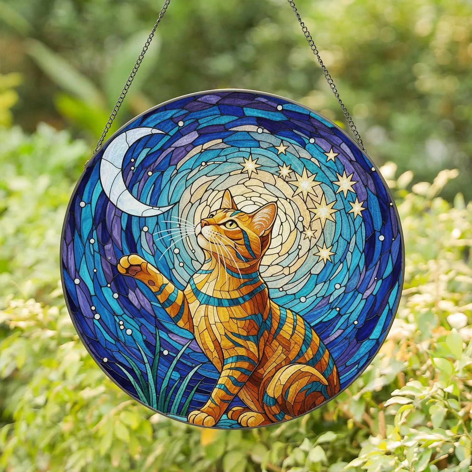 Stylized Tabby Cat Stained Glass Art - Starry Night Sky Crescent Moon Tiffany Style Stained Glass Suncatcher - 1