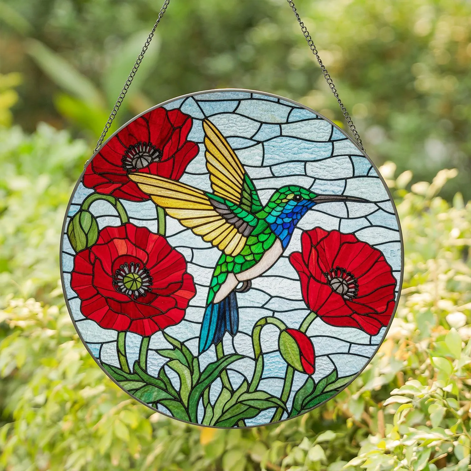Hummingbird Red Poppy Flowers - Tiffany Glass Style with Jewel Tone Mosaic Sky Stained Glass Suncatcher - 1