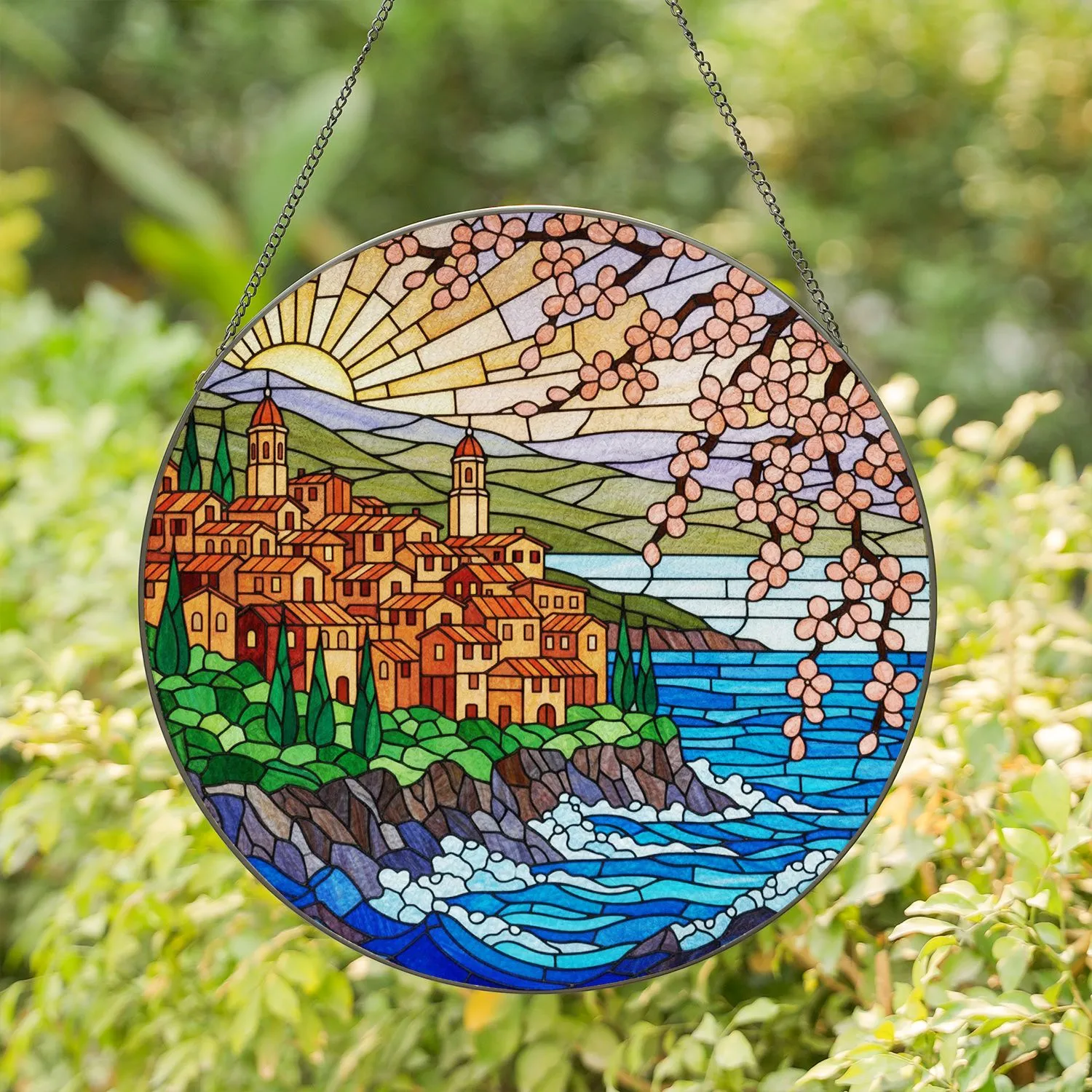 Coastal Village Stained Glass Art with Sea Cliffs, Blossoms & Cypress Trees Tiffany Style Stained Glass Suncatcher - 1