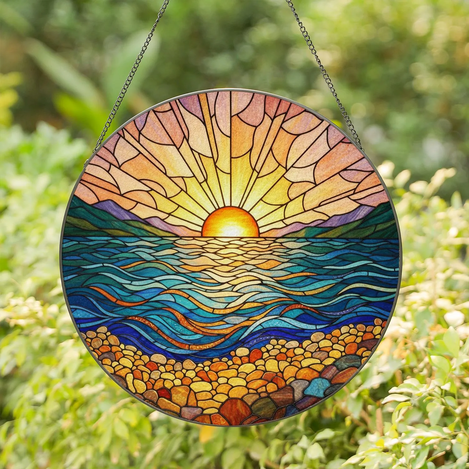 Brilliant Sun Ocean Waves Beach Pebbles Mountains Tiffany Style Stained Glass Scene Stained Glass Suncatcher - 1