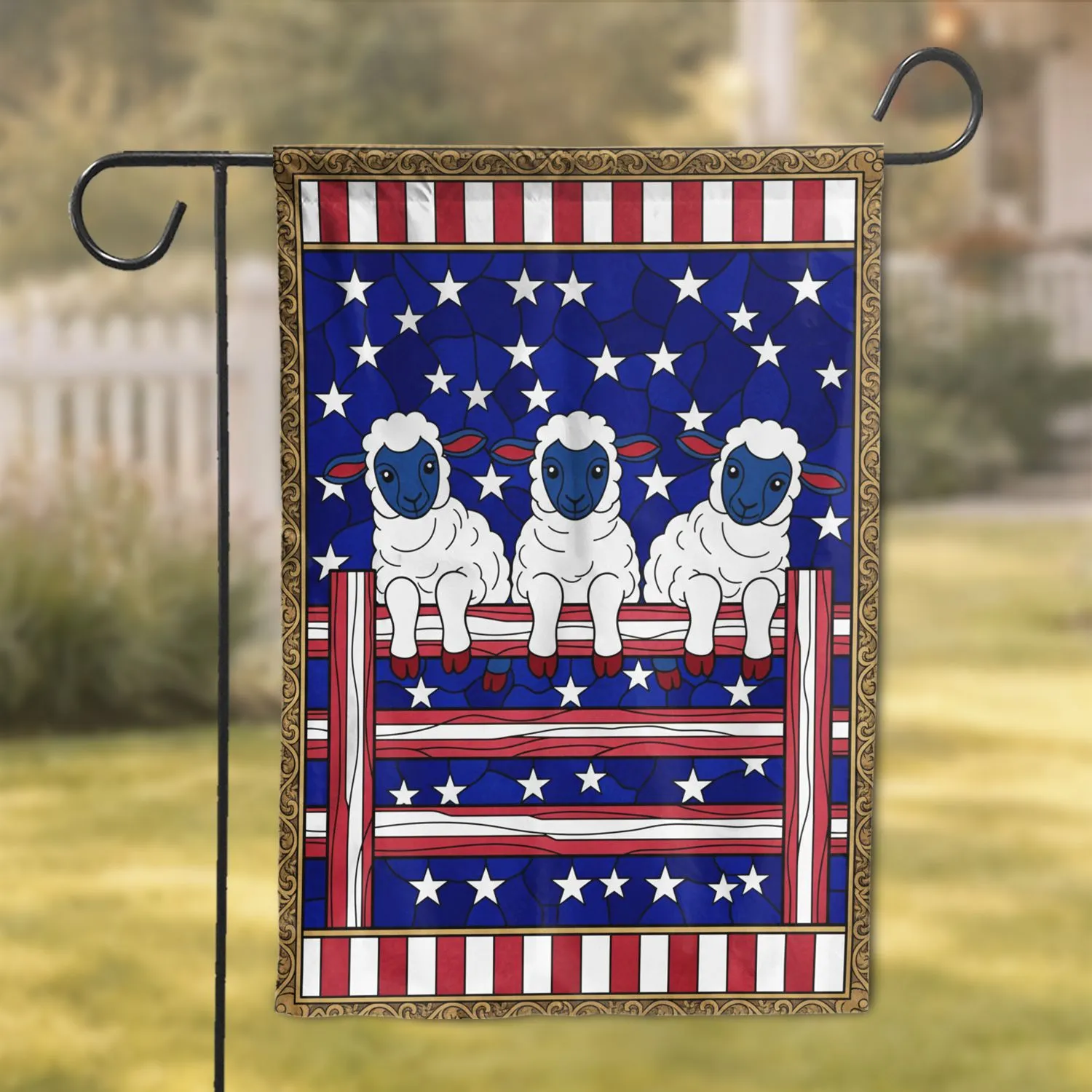 Three Lambs Stained Glass Patriotic Art - USA 250th Anniversary 1776-2026 Gift for Veterans Garden Flag - 1