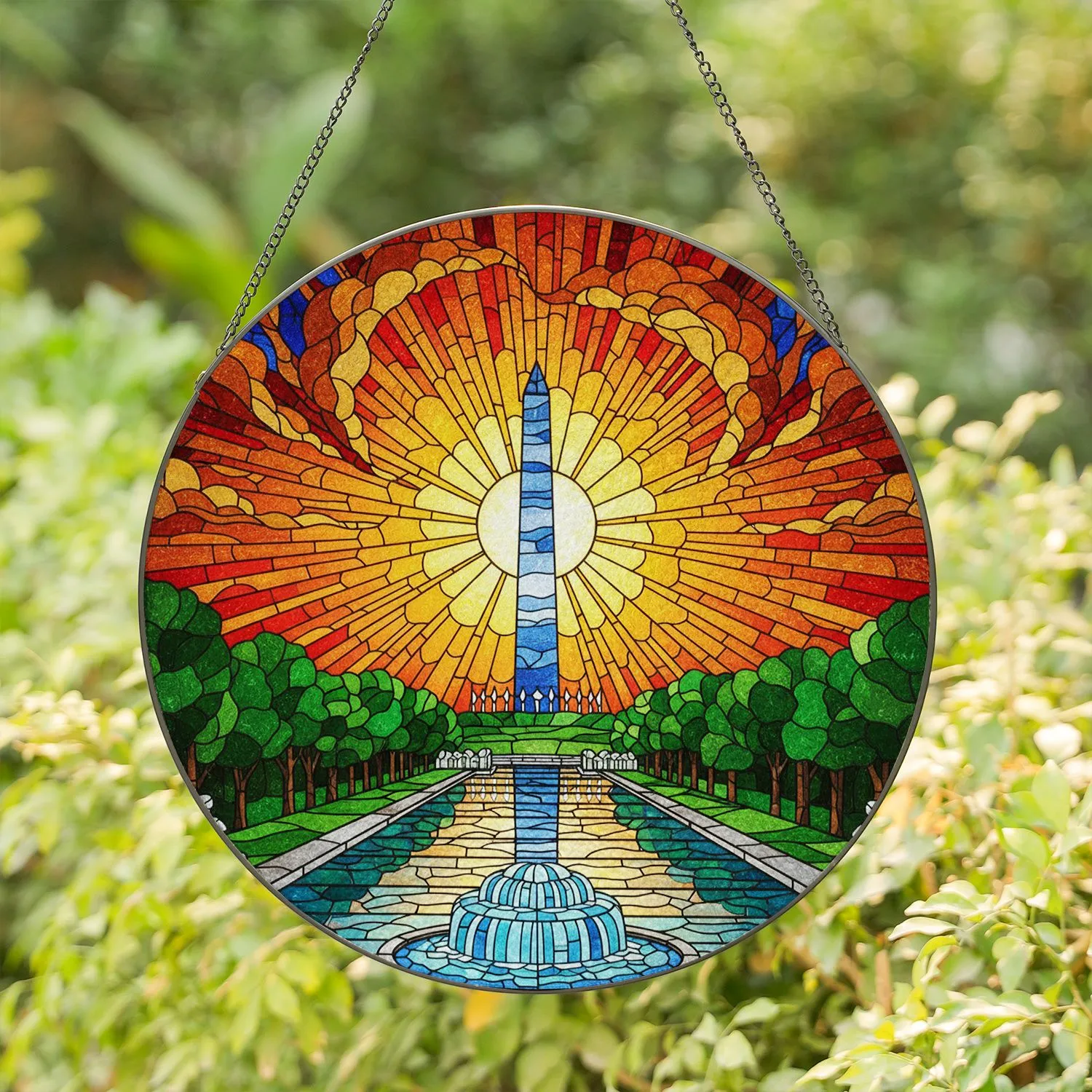 Washington Monument Reflecting Pool Tiffany Stained Glass Sunburst Sky Art Home Decor Stained Glass Suncatcher - 1