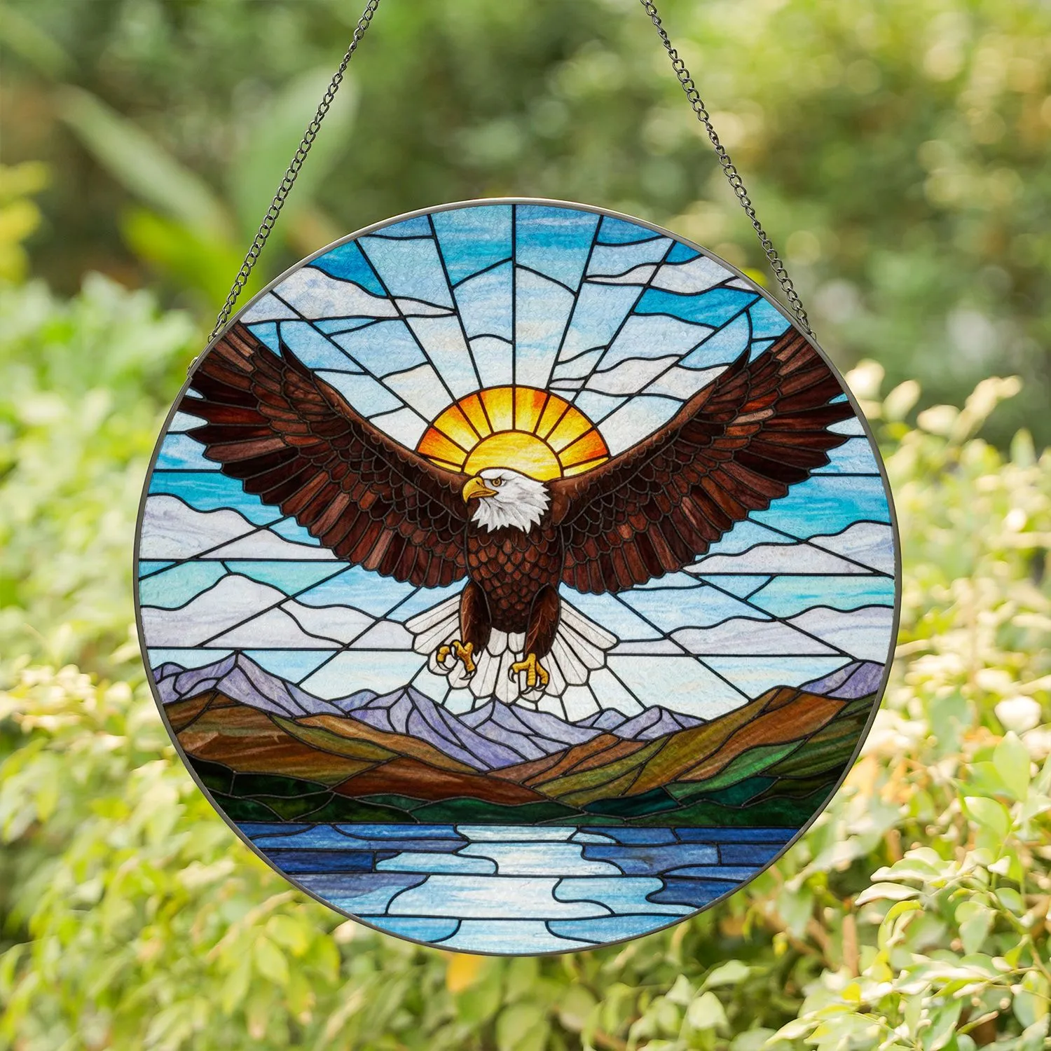 Bald Eagle in Flight Tiffany Stained Glass Mountain Lake Sunburst Panoramic Vista Stained Glass Suncatcher - 1