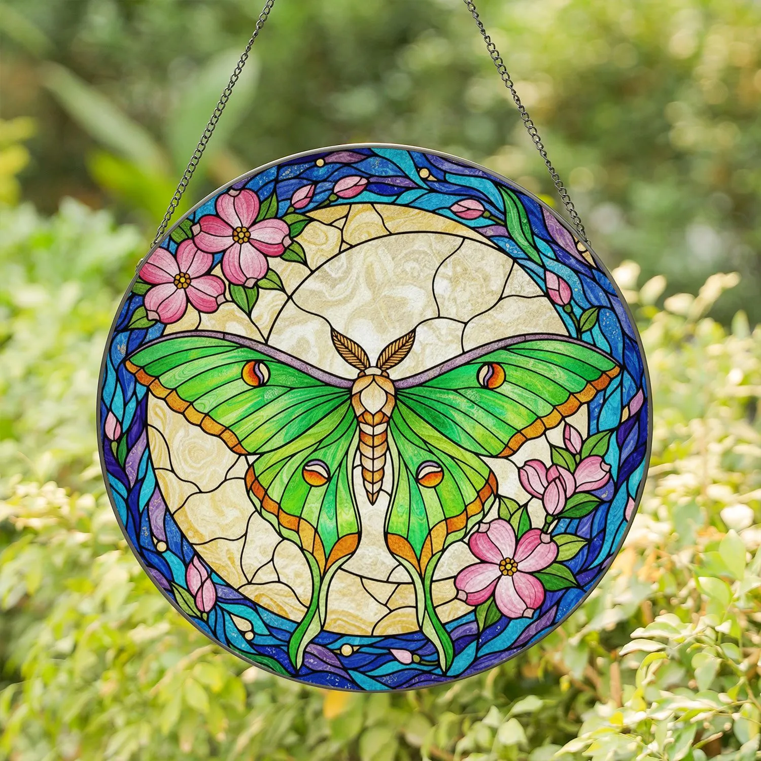 Luna Moth Crescent Moon Pink Dogwood Flowers - Glowing Translucent Intricate Jewel Tones Stained Glass Suncatcher - 1