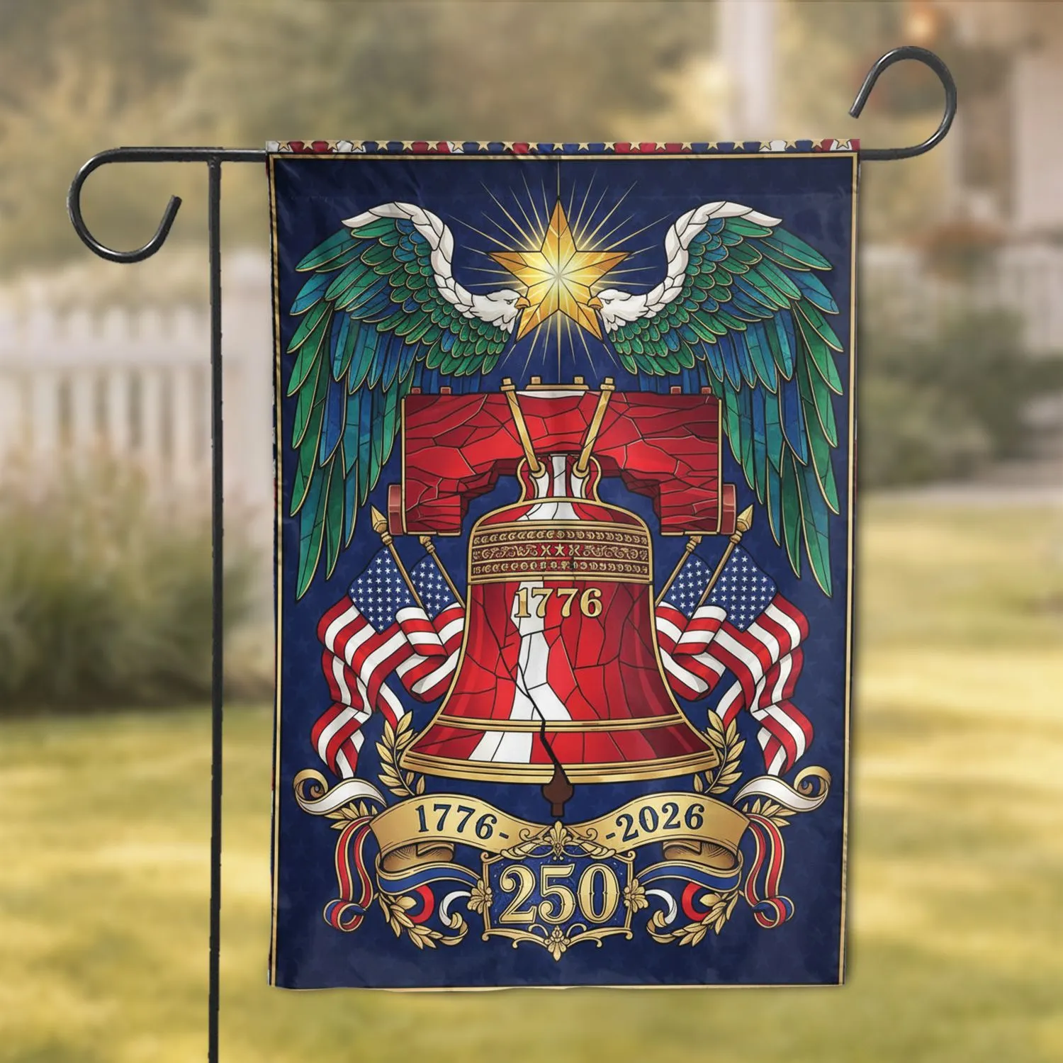 Stained-Glass Liberty Bell American Flag 1776-2026 - USA 250th Anniversary Patriotic Commemoration Garden Flag - 1