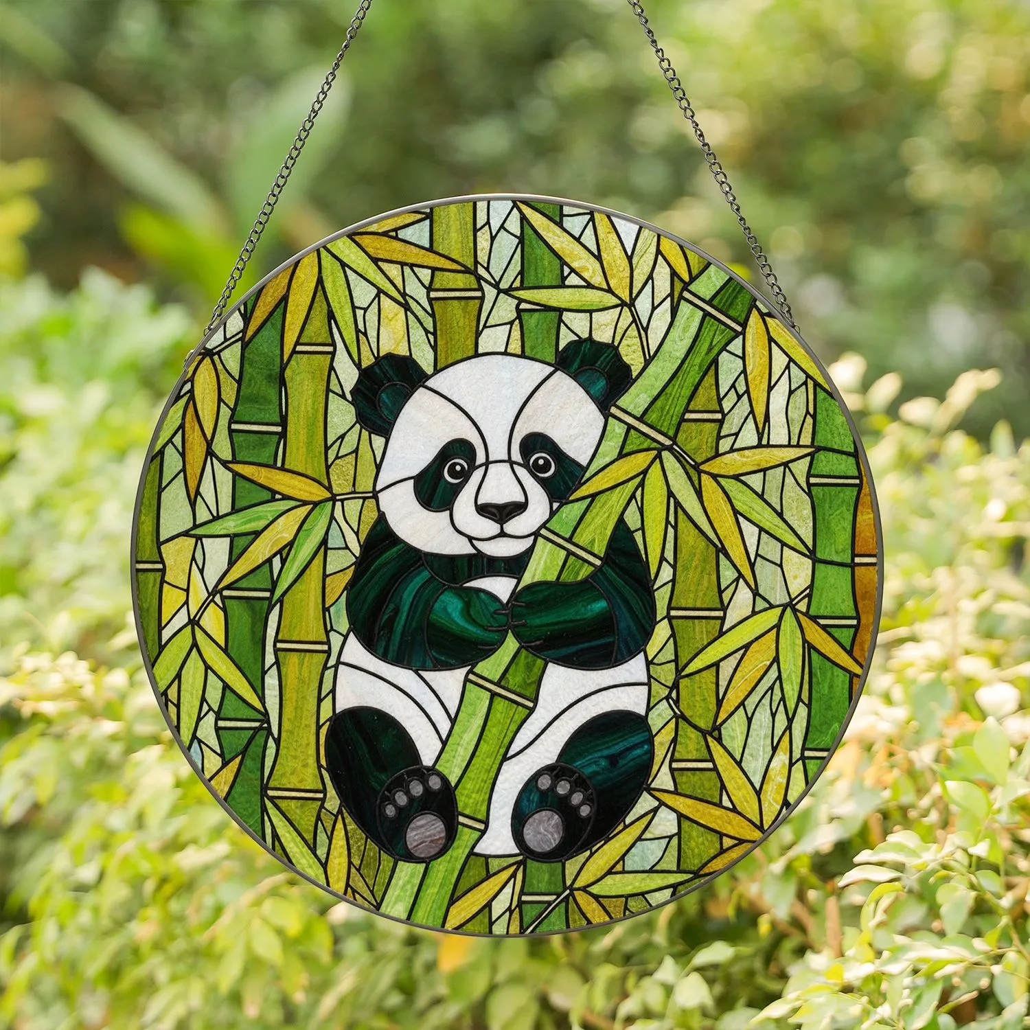 Panda Bear Bamboo Forest Tiffany Stained Glass Mosaic Artwork - Edge-to-Edge Intricate Patterns Stained Glass Suncatcher - 1