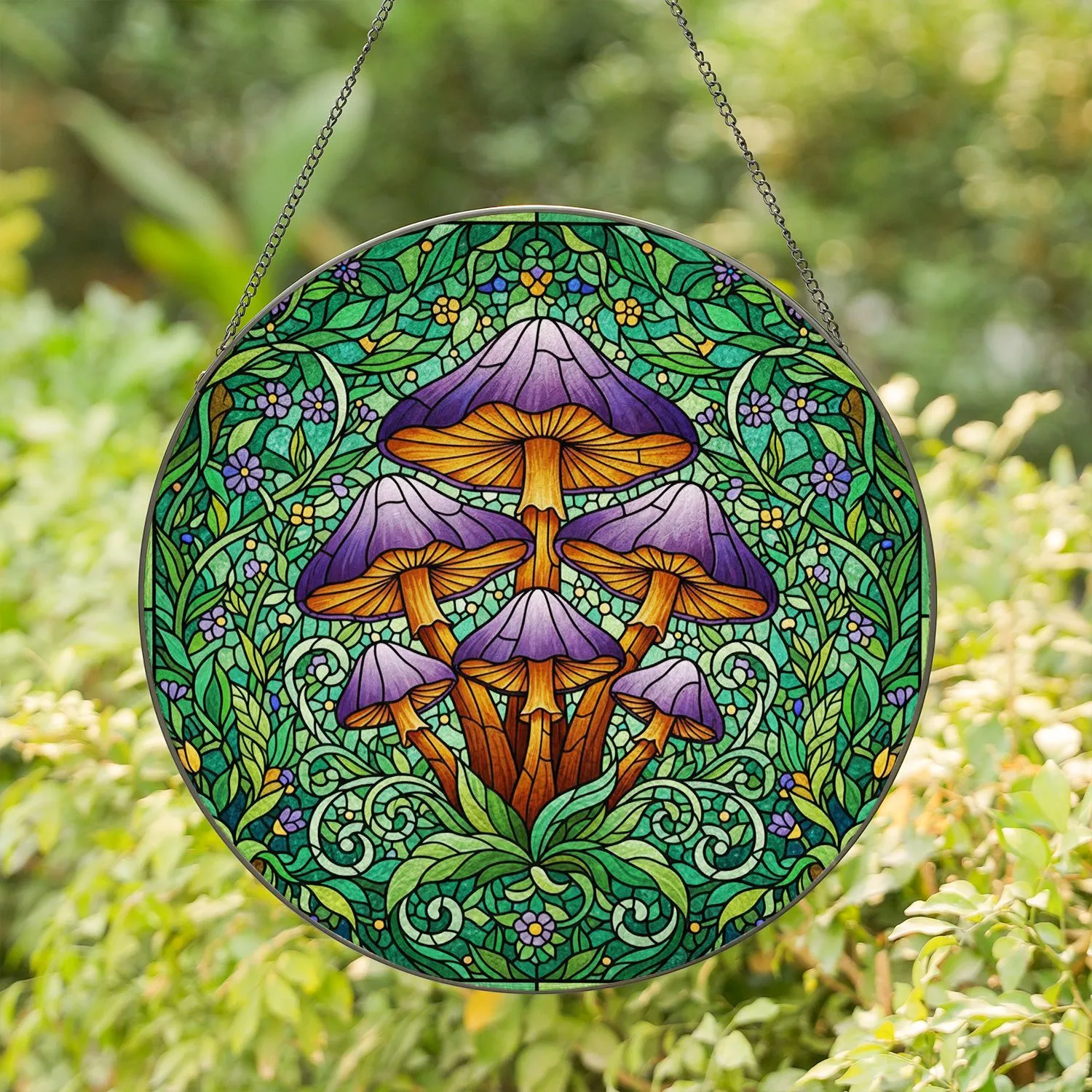 Intricate Fantastical Mushroom Stained Glass Mosaic - Tiffany Jewel Tone Forest Art Stained Glass Suncatcher - 1