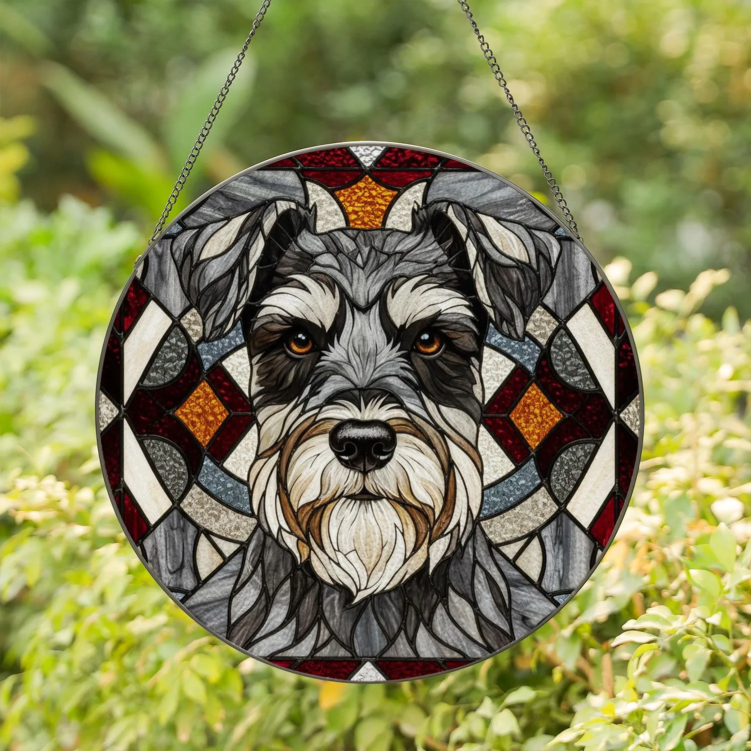 Miniature Schnauzer Dog Head Stained Glass Artwork - Tiffany Style Mosaic Jewel Tones Stained Glass Suncatcher - 1