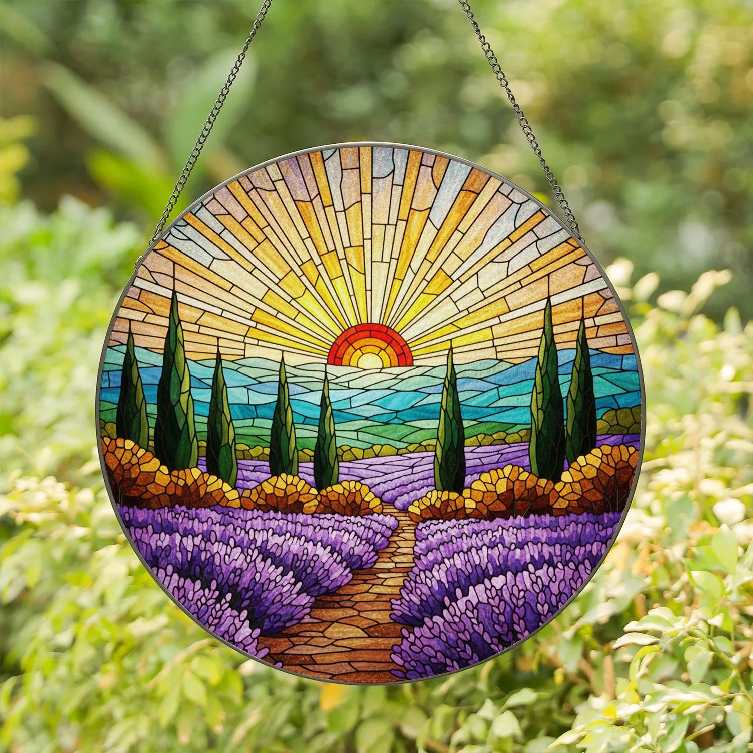 Lavender Field Cypress Trees Sunrise Rolling Hills Edge-to-Edge Stained Glass Art Stained Glass Suncatcher - 1