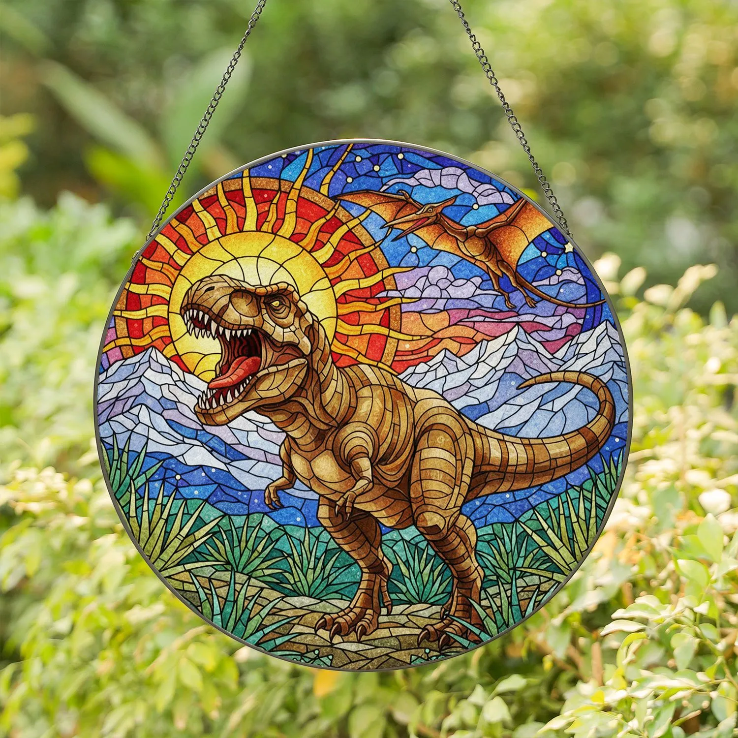 Roaring Tyrannosaurus Rex Stained Glass with Prehistoric Plants, Pterodactyl, Tiffany Style Stained Glass Suncatcher - 1