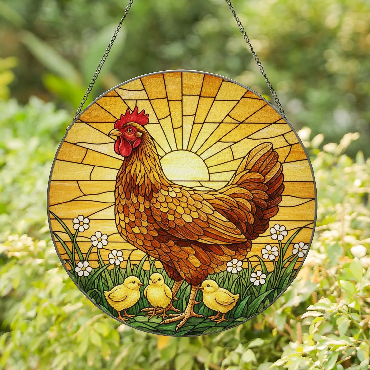 Stained Glass Hen Chicks Golden Sun with Red Comb & Wattle - Tiffany Style Mosaic Stained Glass Suncatcher - 1