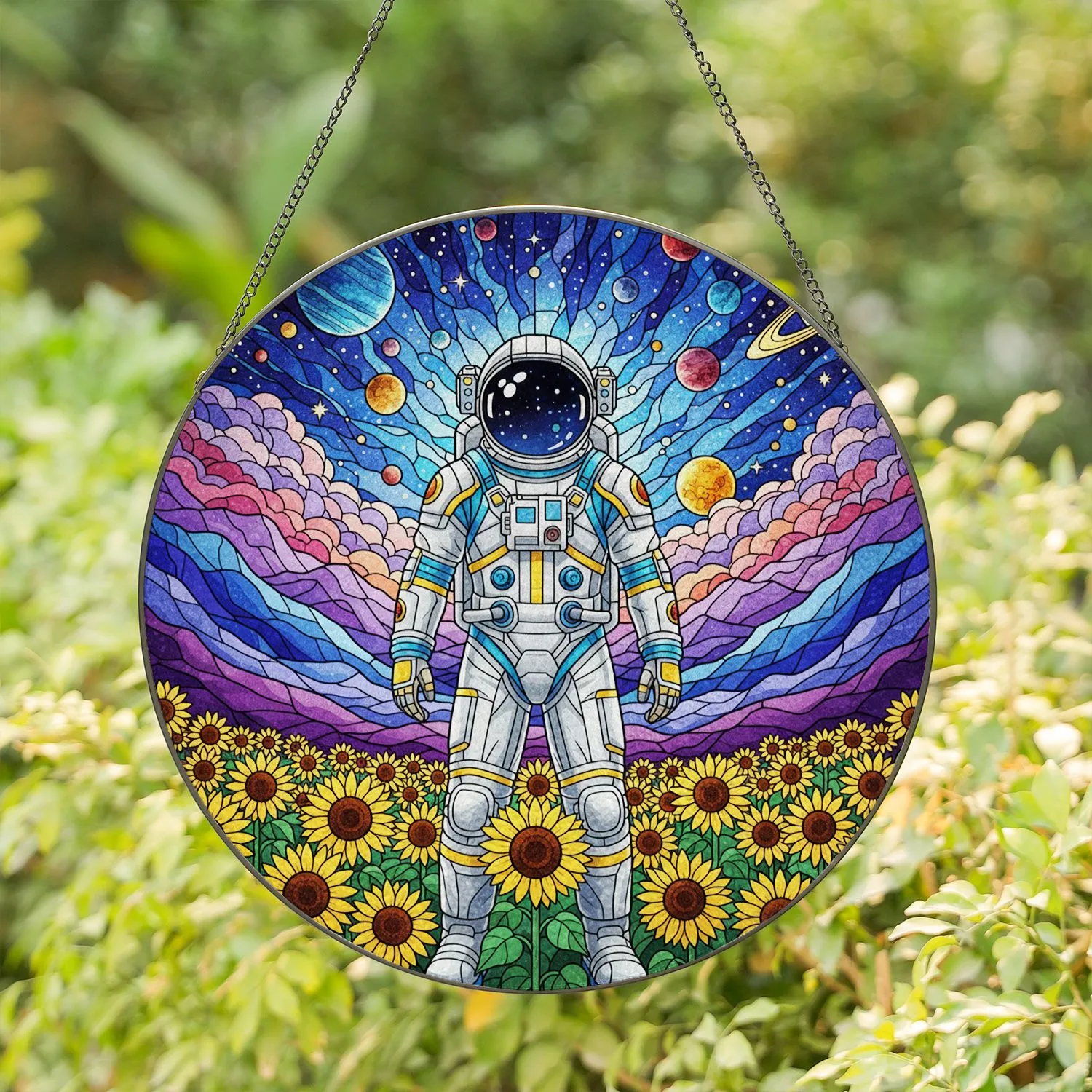 Astronaut Sunflowers Galaxy Stained Glass - Cosmic Planets Mountain Sky Home Decor Stained Glass Suncatcher - 1