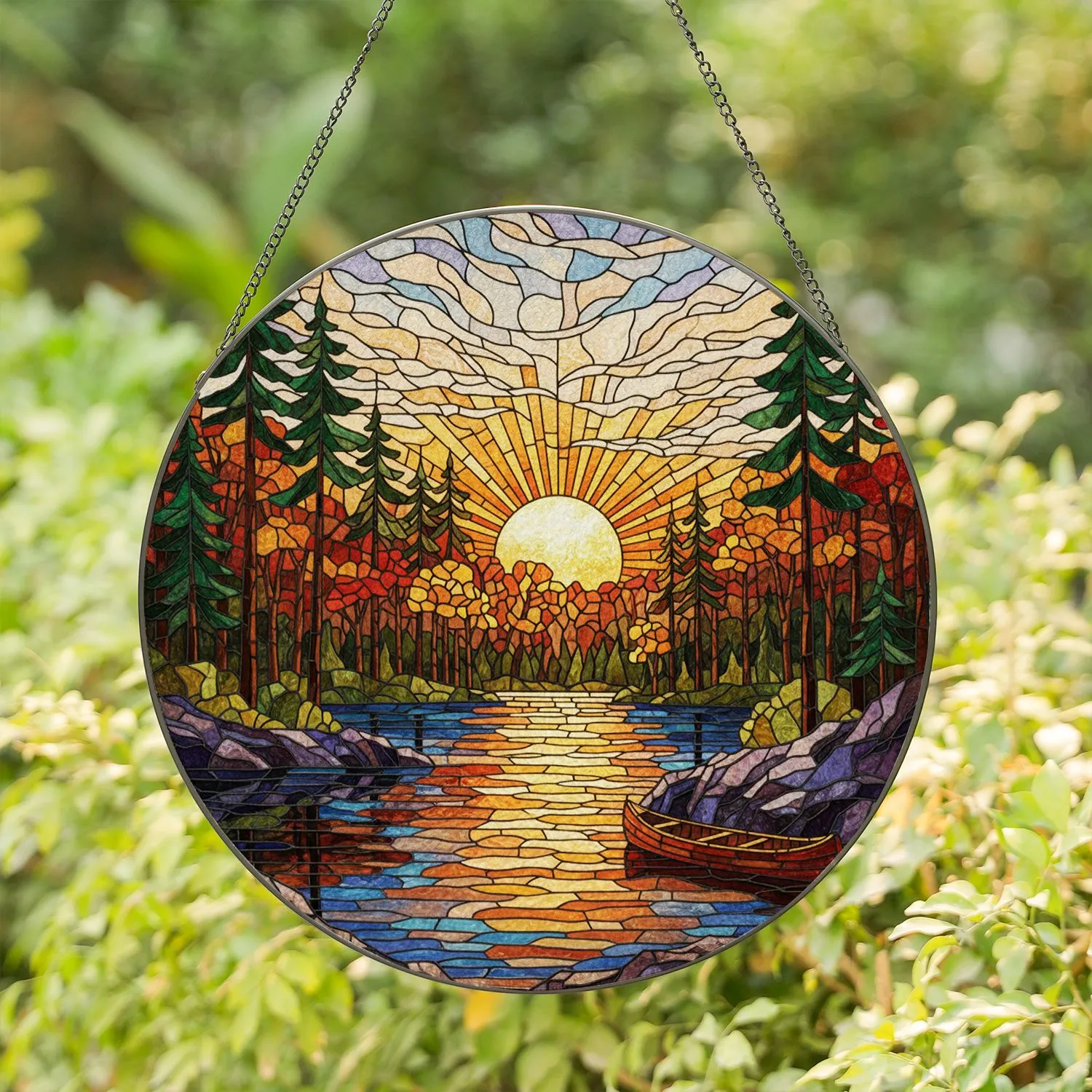 Stained Glass Sunset Lake Canoe Forest Art - Tiffany Style Nature Home Decor Gift Stained Glass Suncatcher - 1