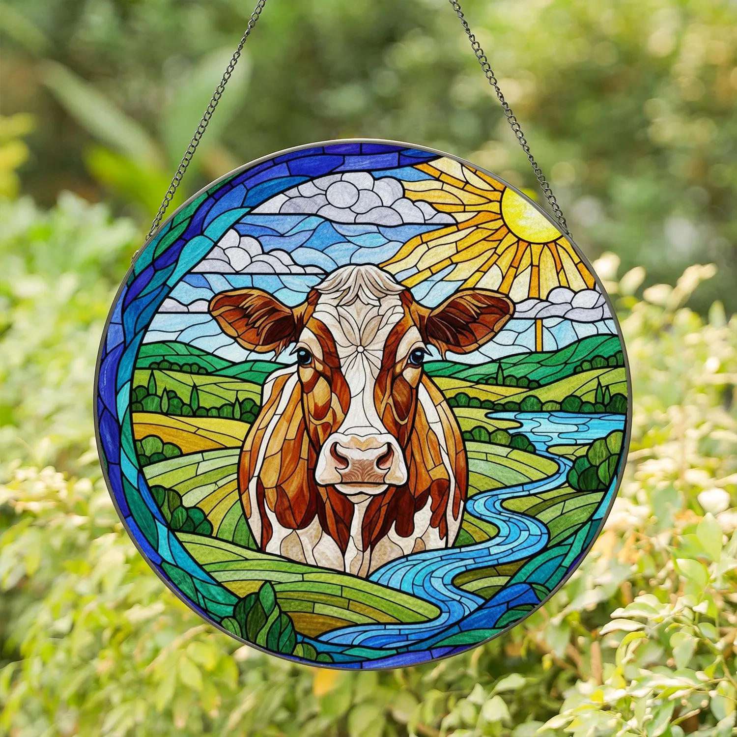 Brown Patchy Cow Head Tiffany Stained Glass Pastoral Landscape Farm Animal Art Stained Glass Suncatcher - 1