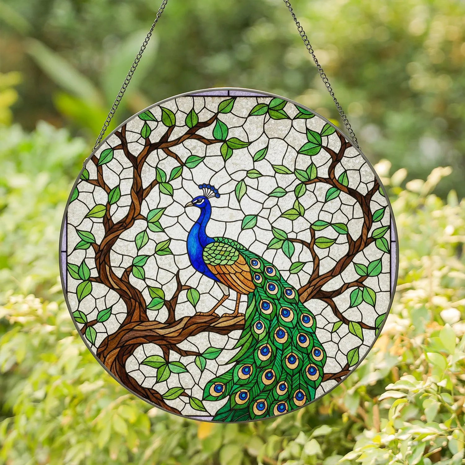 Peacock Stained Glass Tiffany Style - Tree Branches Mosaic Royal Blue Green Jewel Tones Stained Glass Suncatcher - 1