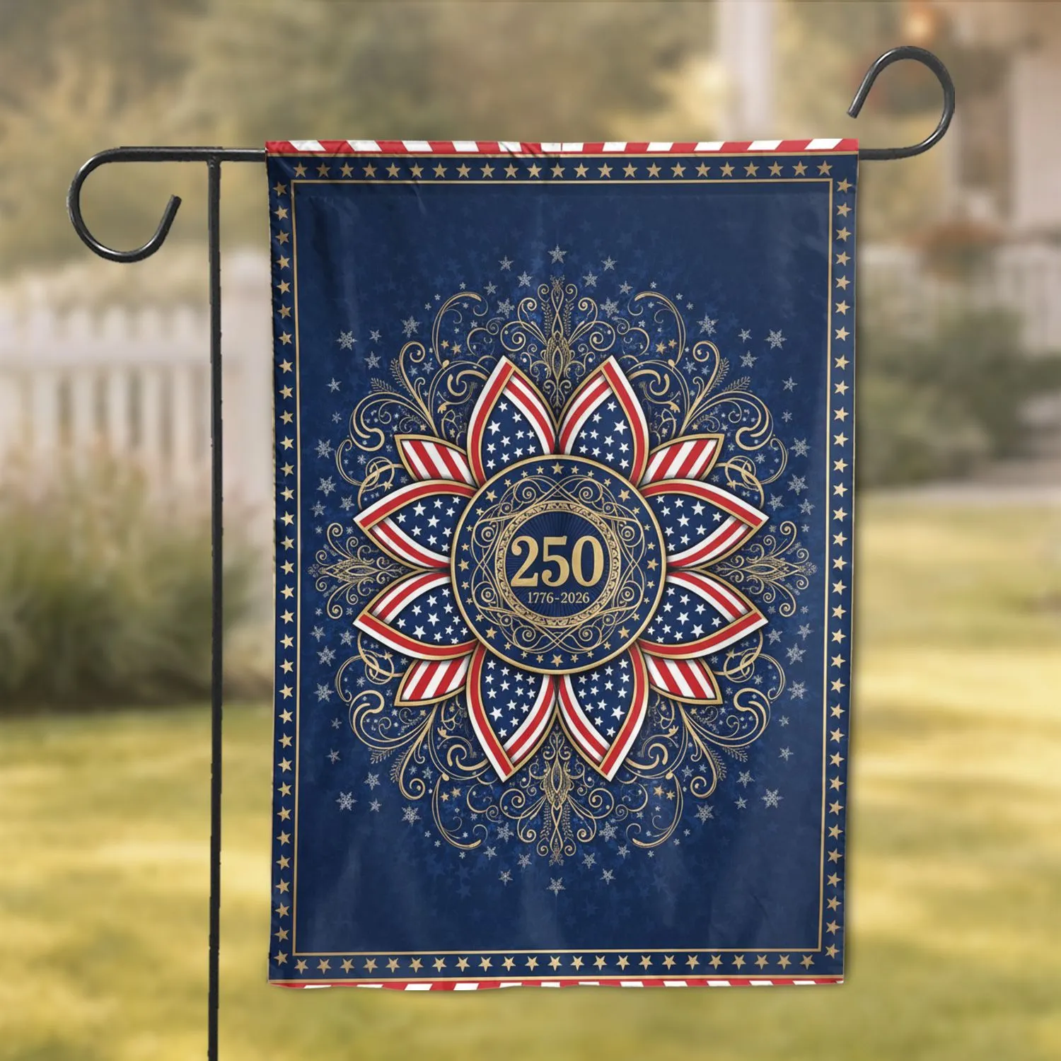 Ornate Patriotic Emblem Gold 250 Starburst Stripes - USA 250th Anniversary 1776-2026 Garden Flag - 1