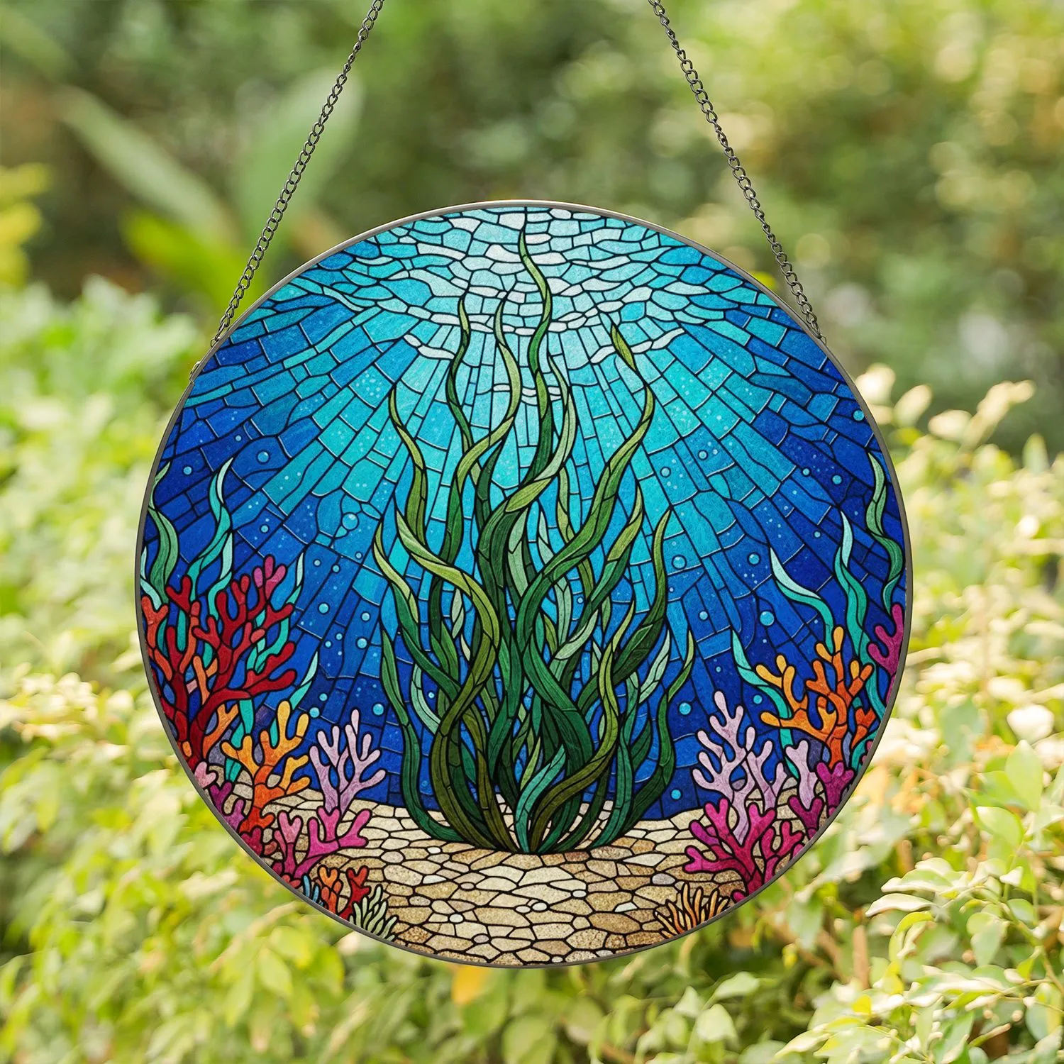 Underwater Kelp Forest Coral Reef Sea Anemone Sandy Seabed Jewel Tone Stained Glass Art Stained Glass Suncatcher - 1